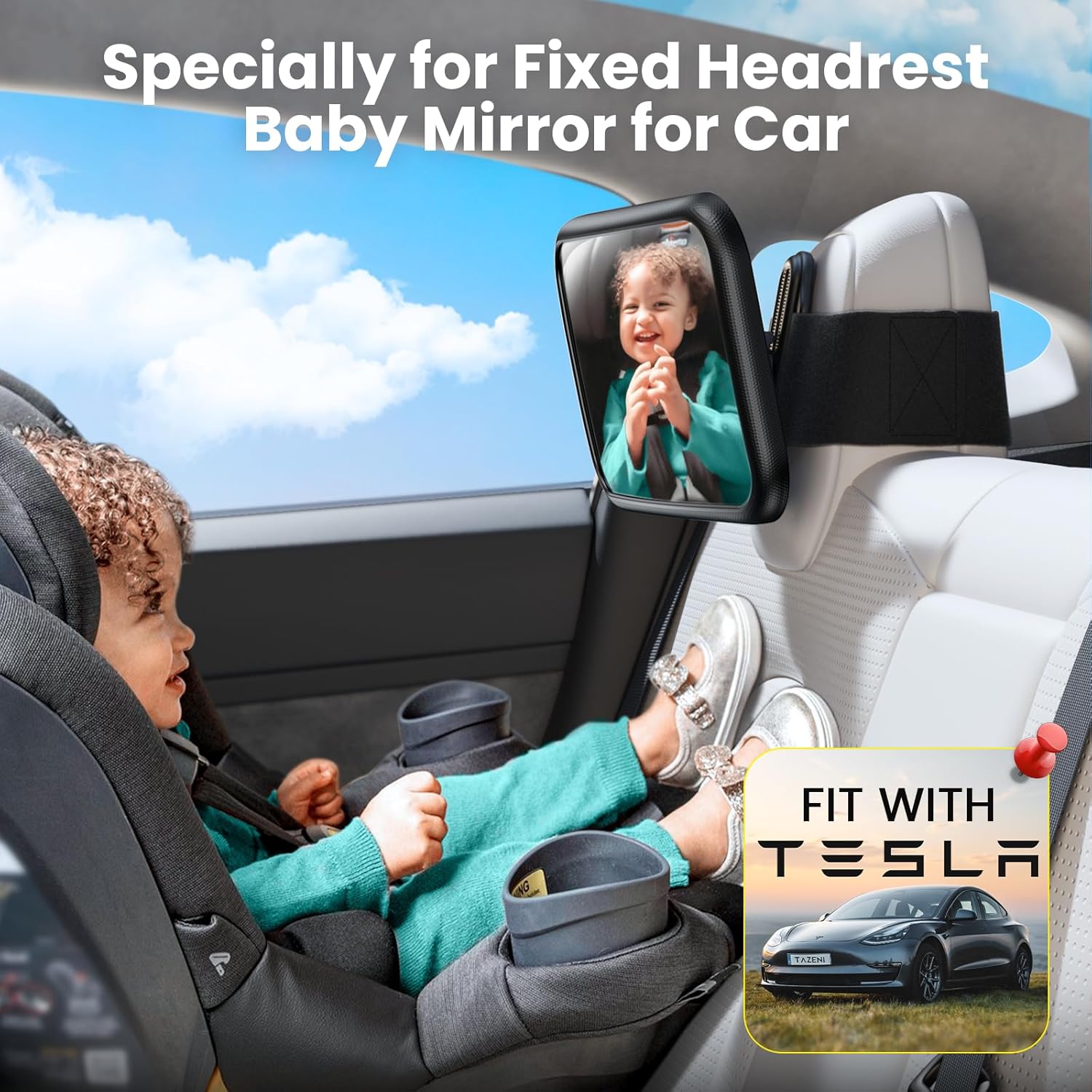 Thumbnail 1 de Shatterproof Fixed Headrest Car Mirror for Baby Rear Facing – 360° Wide-View Velcro Strap