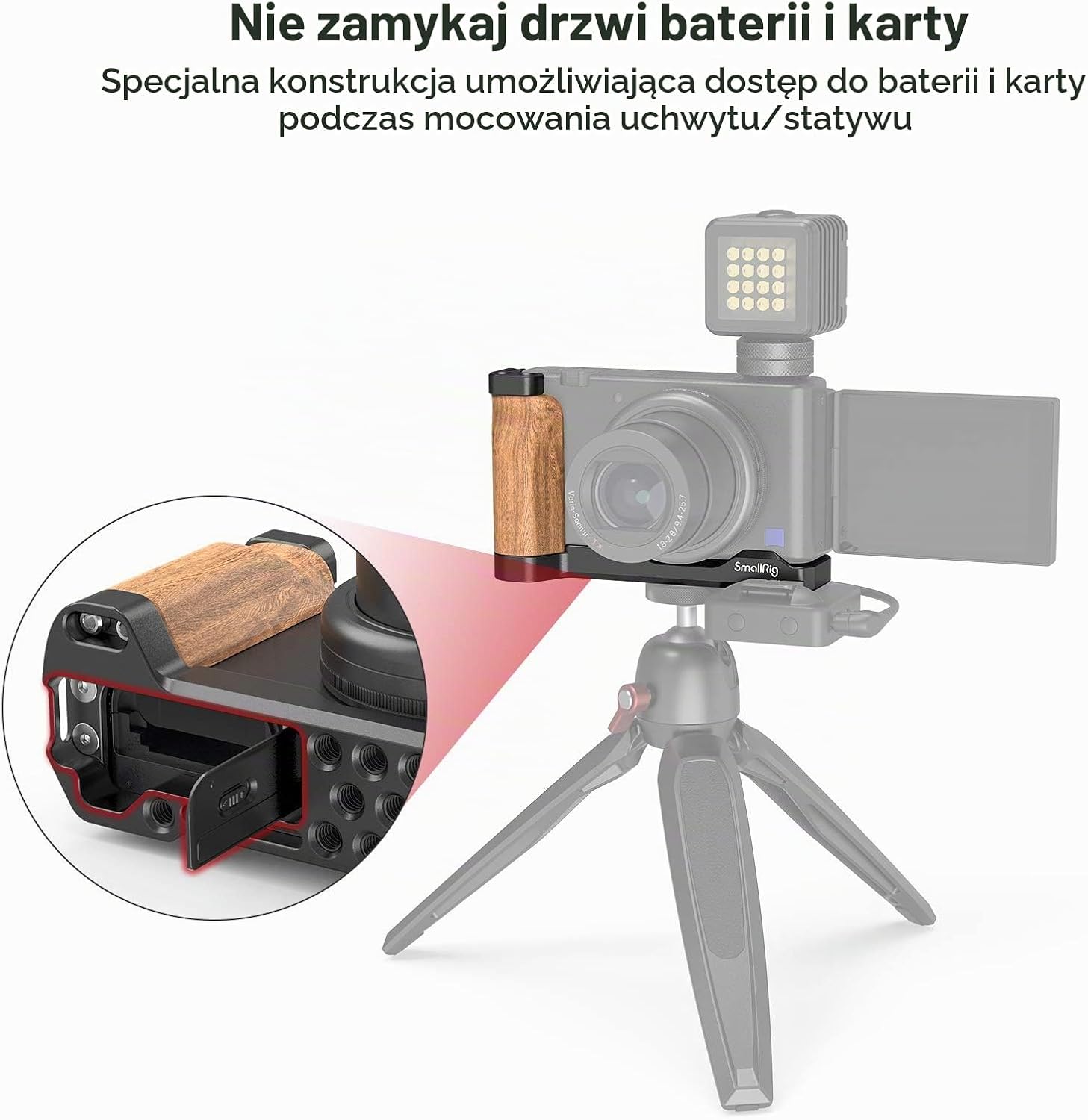 Detalle de SMALLRIG 2936 drewniany uchwyt L do Sony ZV-1 z zimną stopką