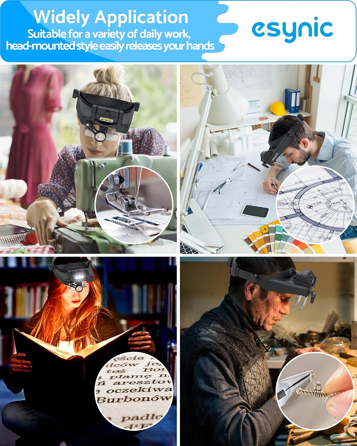 Thumbnail 6 de eSynic Headband Magnifier Professional 1X to 14X with Light (5 Detachable Lenses, Rechargeable, 3 LEDs)