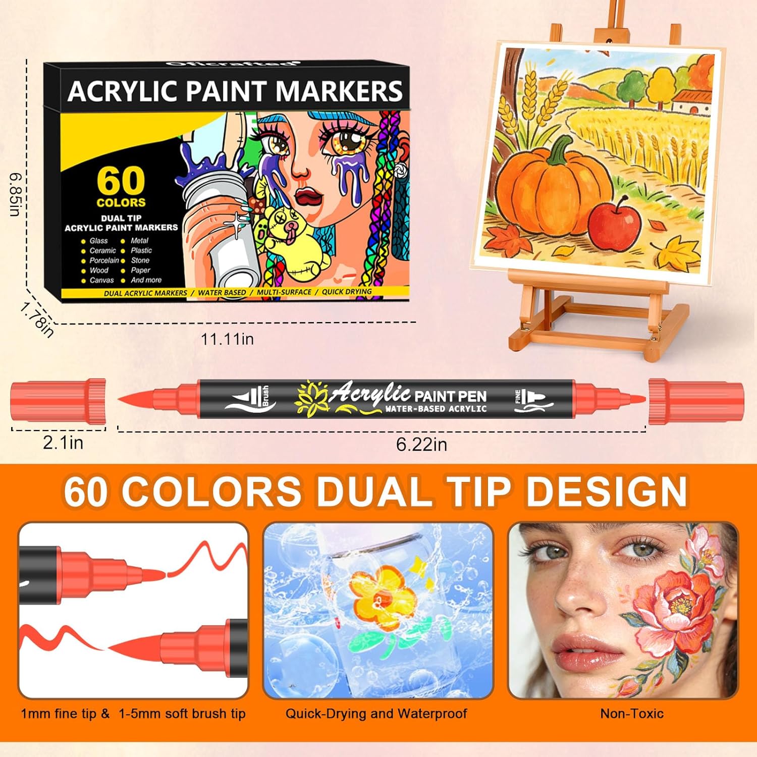 Thumbnail 6 de 60-Colour Dual-Tip Acrylic Paint Pens (Brush & Fine) for rock painting and crafts