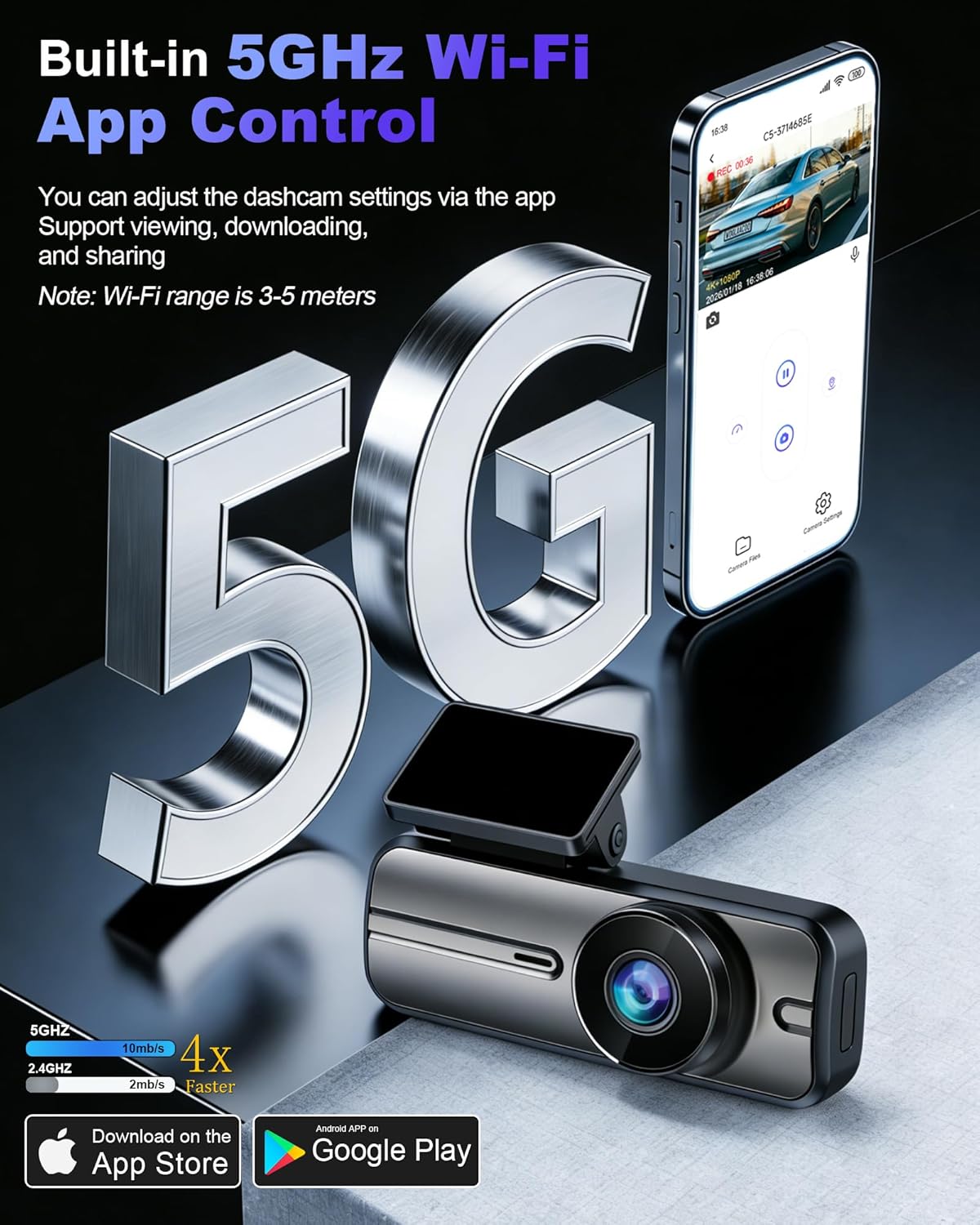 Thumbnail 6 de Dash Cam Front and Rear 4K+1080P with 5GHz WiFi, Dual Cameras and 64GB Card (App Control)