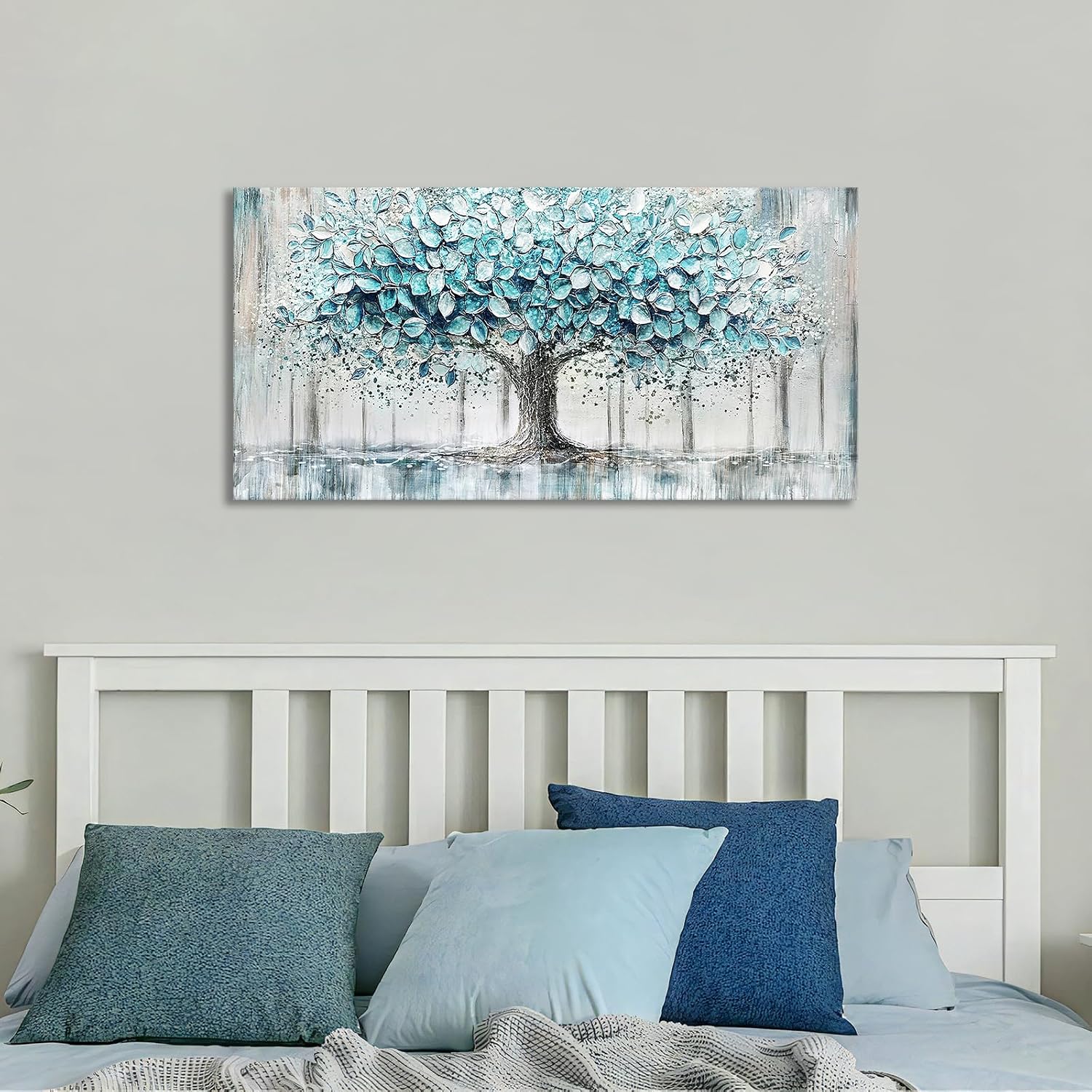 Thumbnail 1 de Grau Blau Lebensbaum Leinwandbild mit Rahmen – Abstrakte Texturkunst, 50×100 cm
