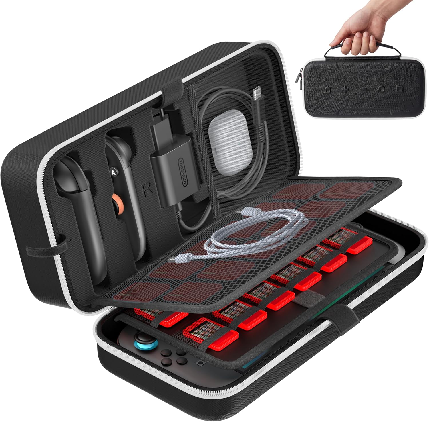 Detalle de OIVO Switch 2 Tasche (große Tragetasche) für Nintendo Switch 2 – harte Hülle mit Platz für Joy-Con, Netzteil & bis zu 24 Spiele, Weiß