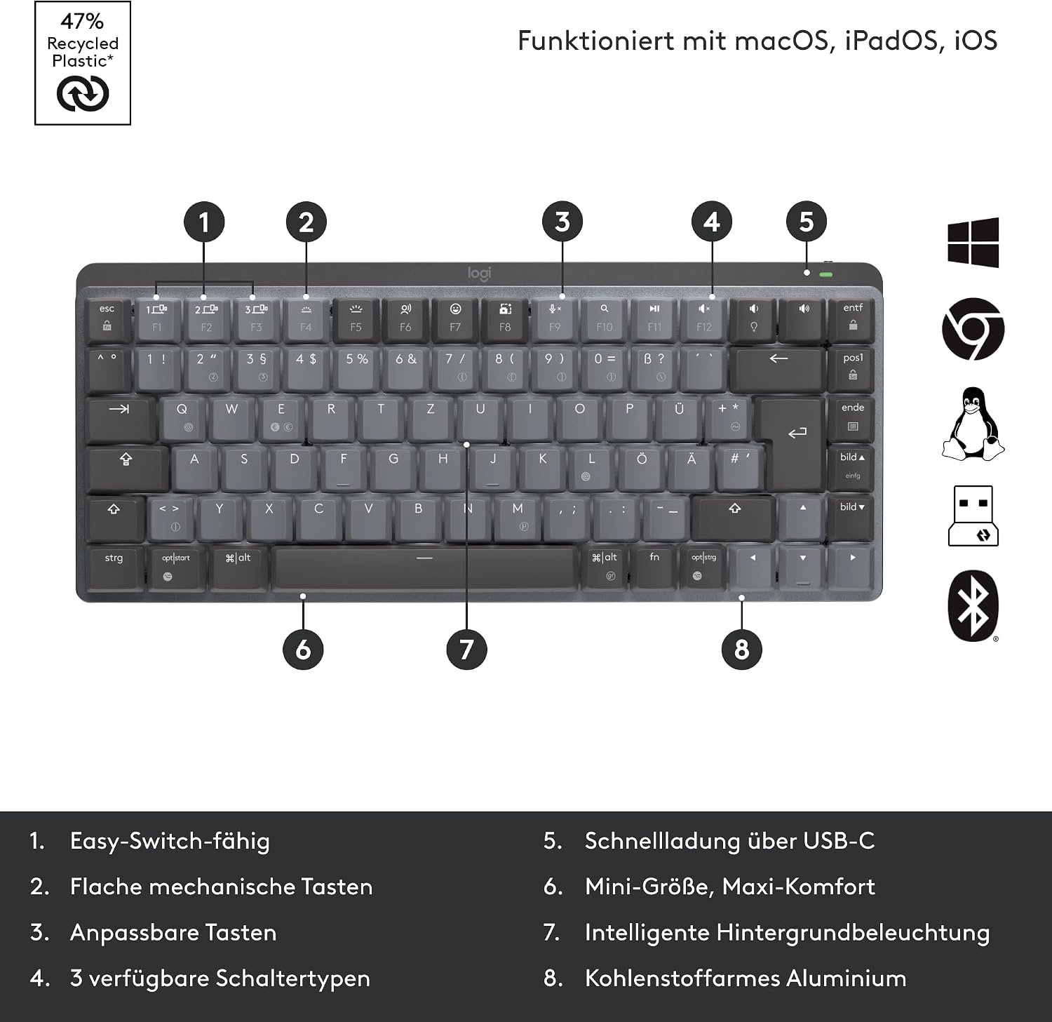 Thumbnail 6 de Logitech MX Mechanische kabellose Mini-Tastatur mit Beleuchtung – QWERTZ, Grau