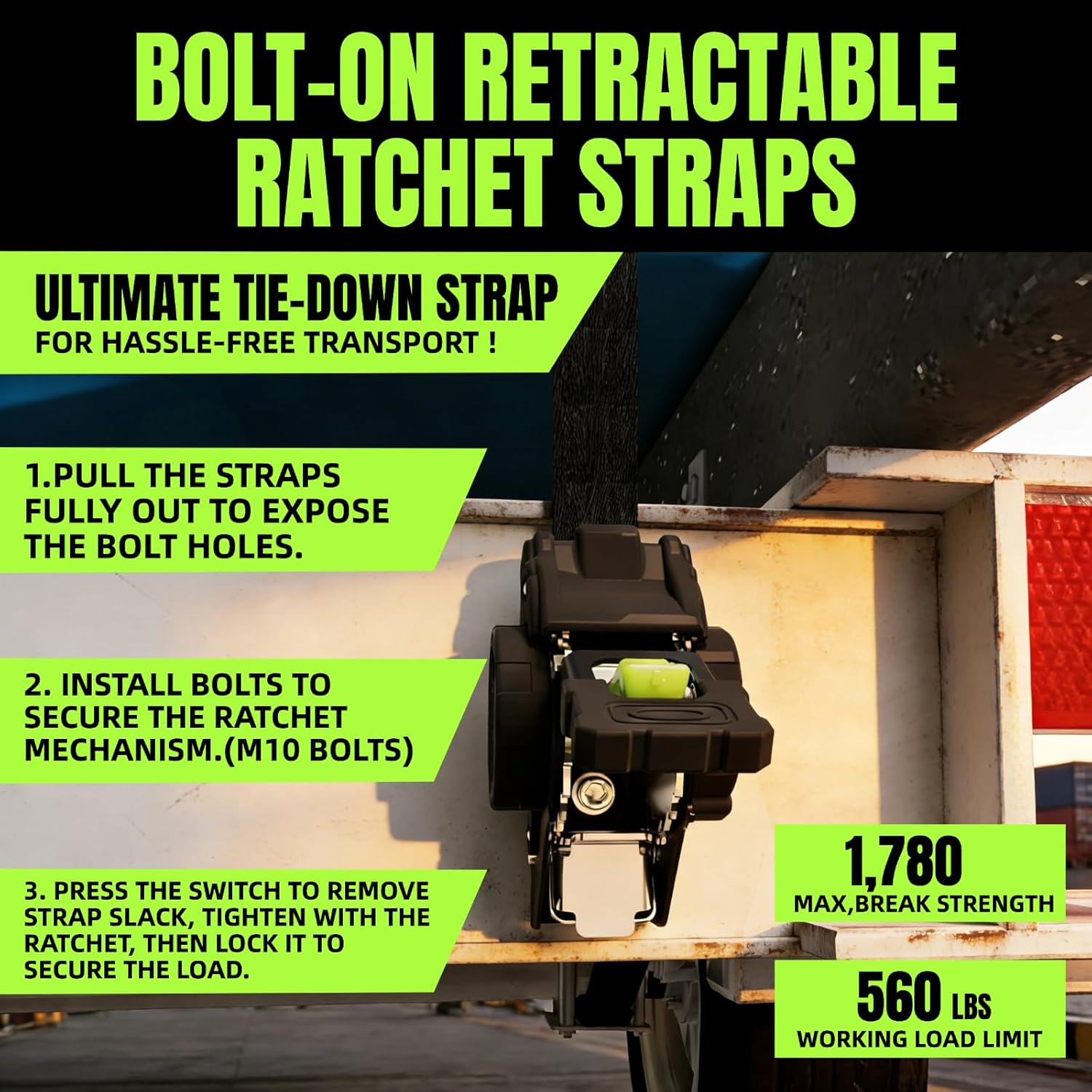 Thumbnail 5 de Retractable Ratchet Straps 1 in x 12 ft Heavy-Duty Auto-Retract Tie Downs (2-Pack) — 1760 lb Break Strength