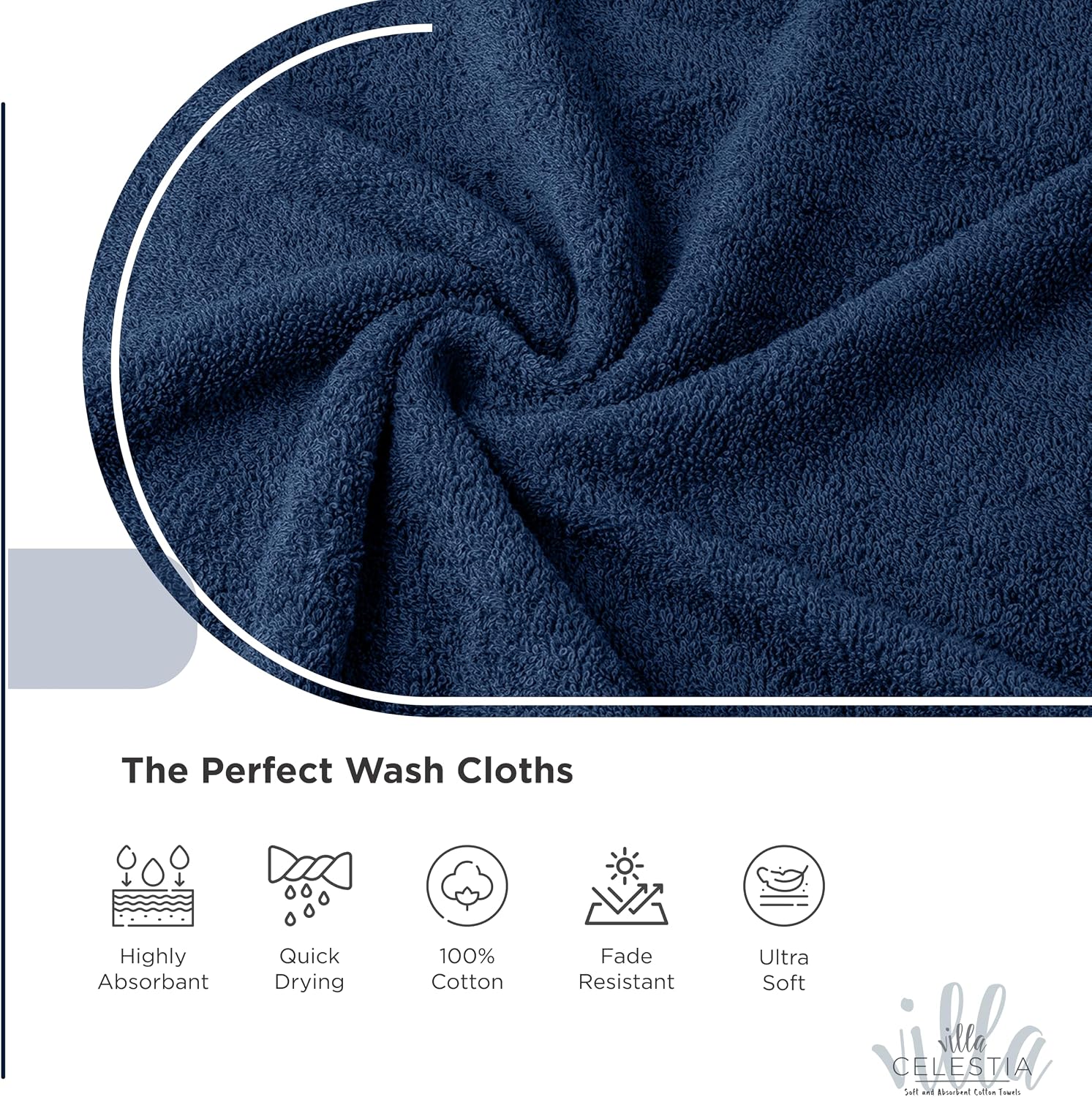 Detalle de Villa Celestia Cotton Washcloths Set of 6 – 12x12, 100% Ring-Spun Cotton, Navy