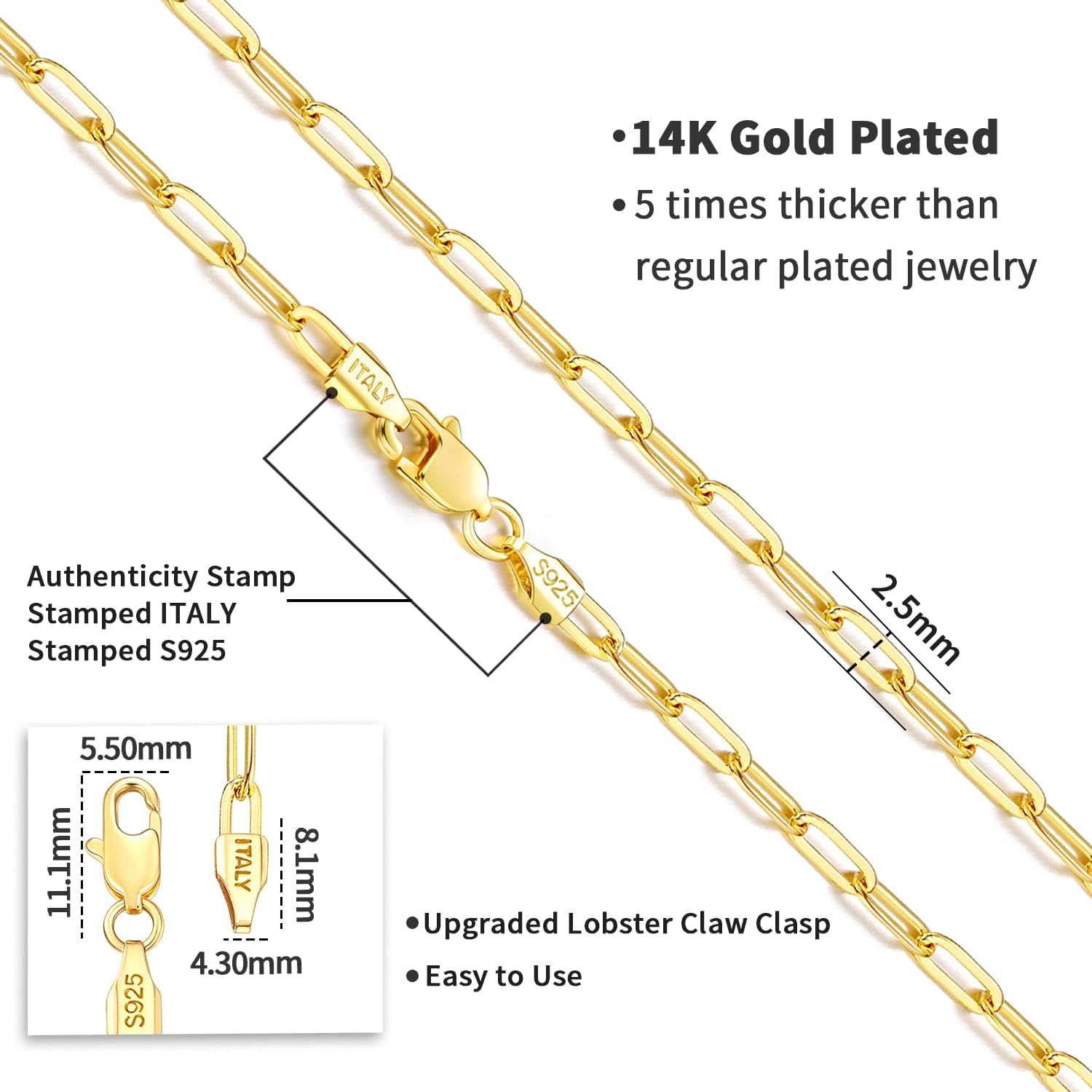 Detalle 2 de Jewlpire Paperclip Chain Necklace, 925 Sterling Silver