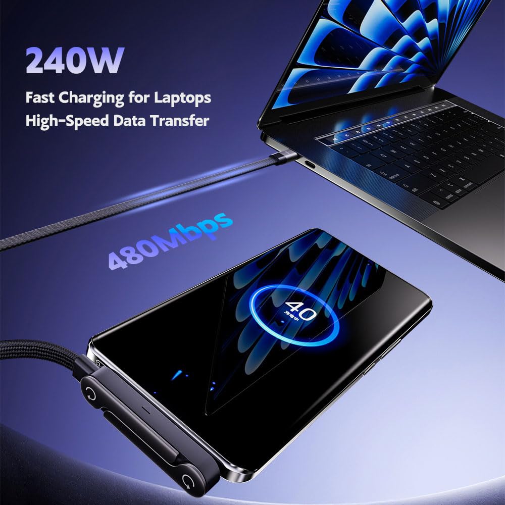 Thumbnail 5 de NKV USB C to USB C Cable 240W Fast Charging with Right-Angle & Hidden Stand (5 ft, Black)