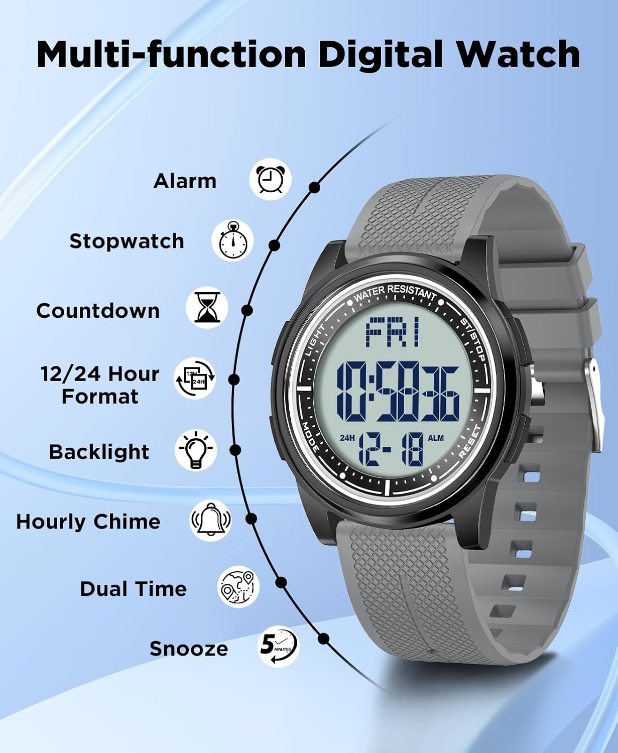 Detalle de WIFORT Mens Watches Waterproof Sports Digital Watch – Ultra-Thin, 5 ATM, Dual Time & Chronograph