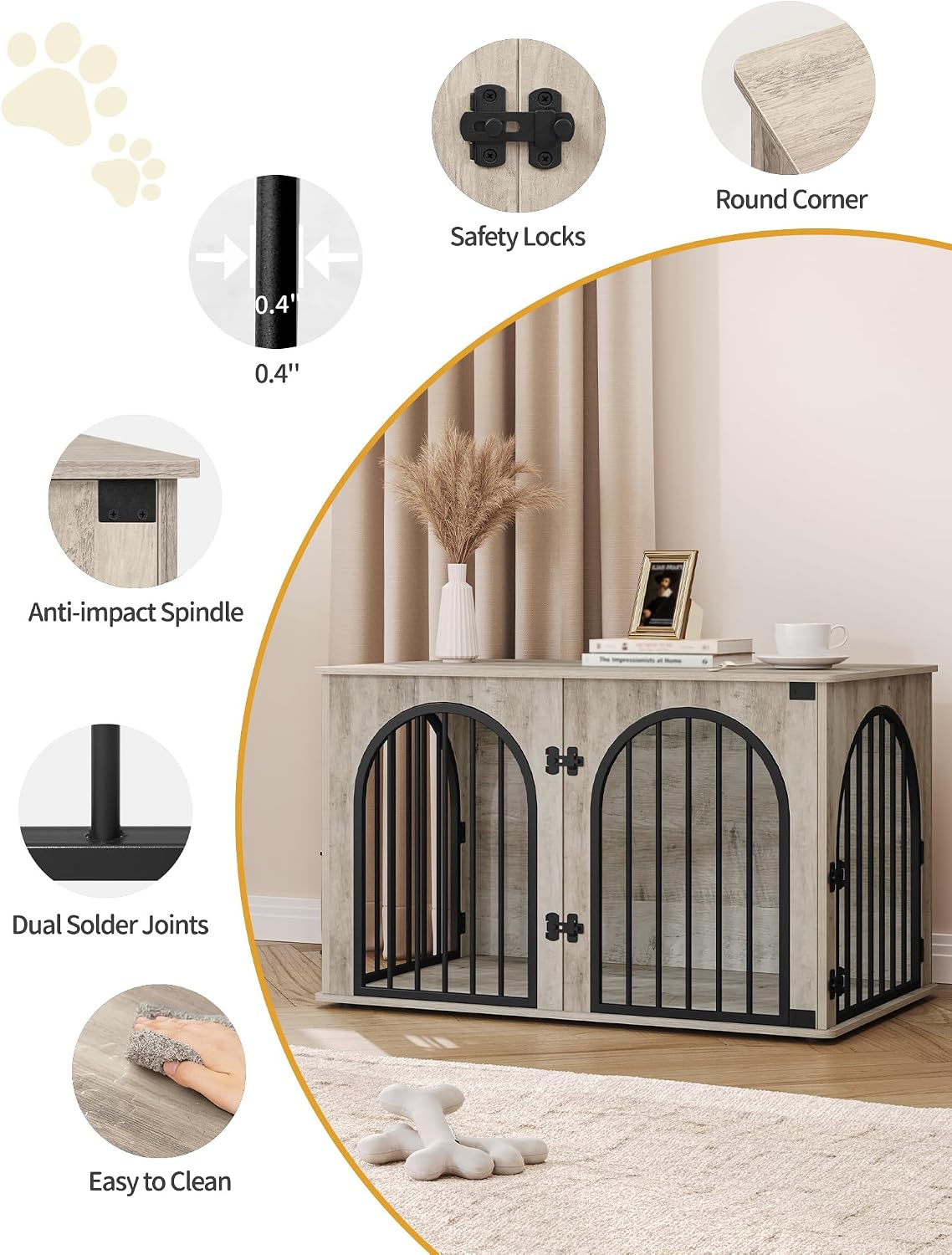 Detalle de Hzuaneri Hundekäfig Möbel DFC84105B – 100 cm Hundebox mit 3 Türen und Bogentür für Zuhause