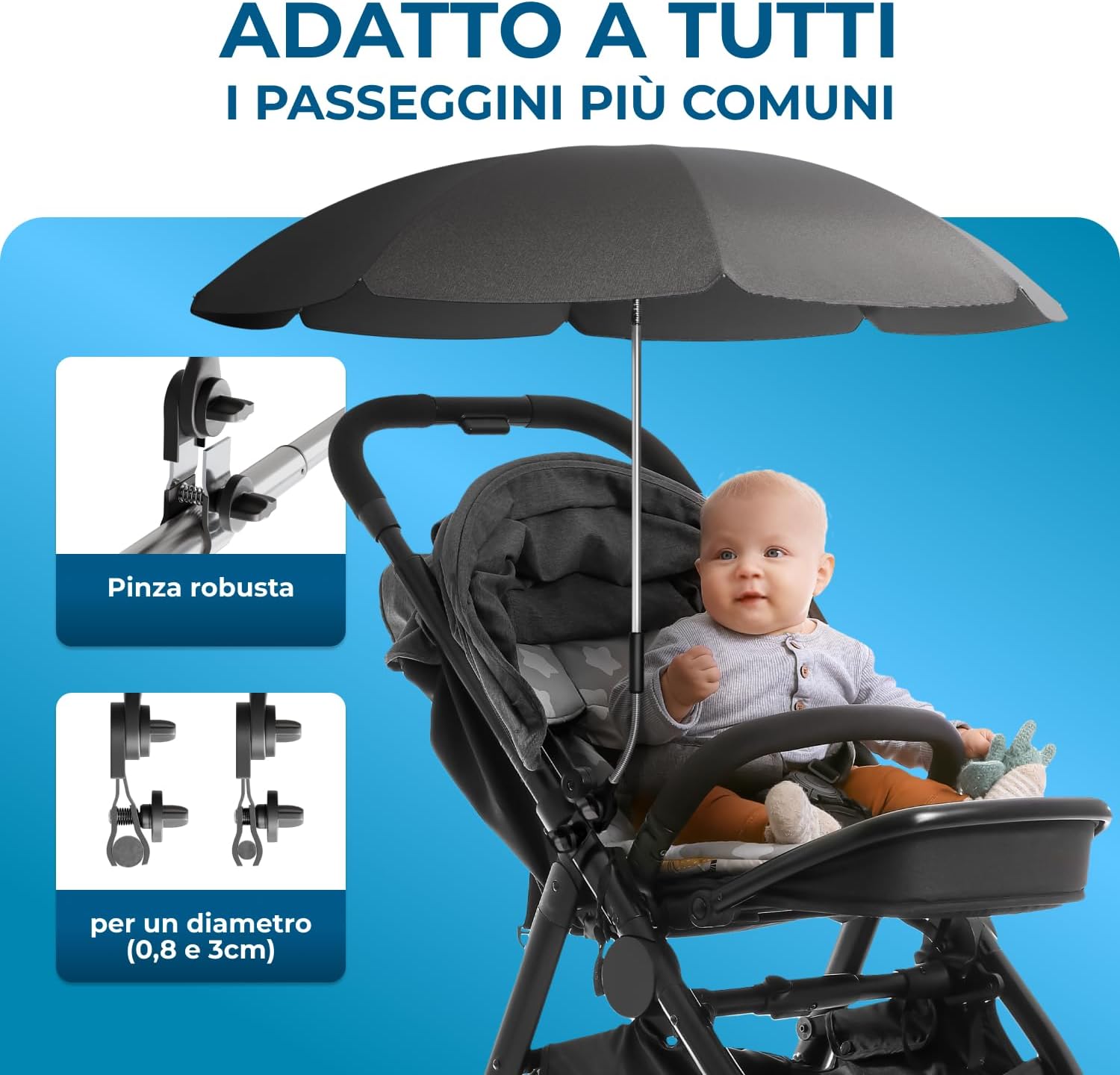 Thumbnail 2 de STYNGARD Ombrellino Parasole per Passeggino con Protezione UV 50+ e Ø70 cm – Modello ROMA