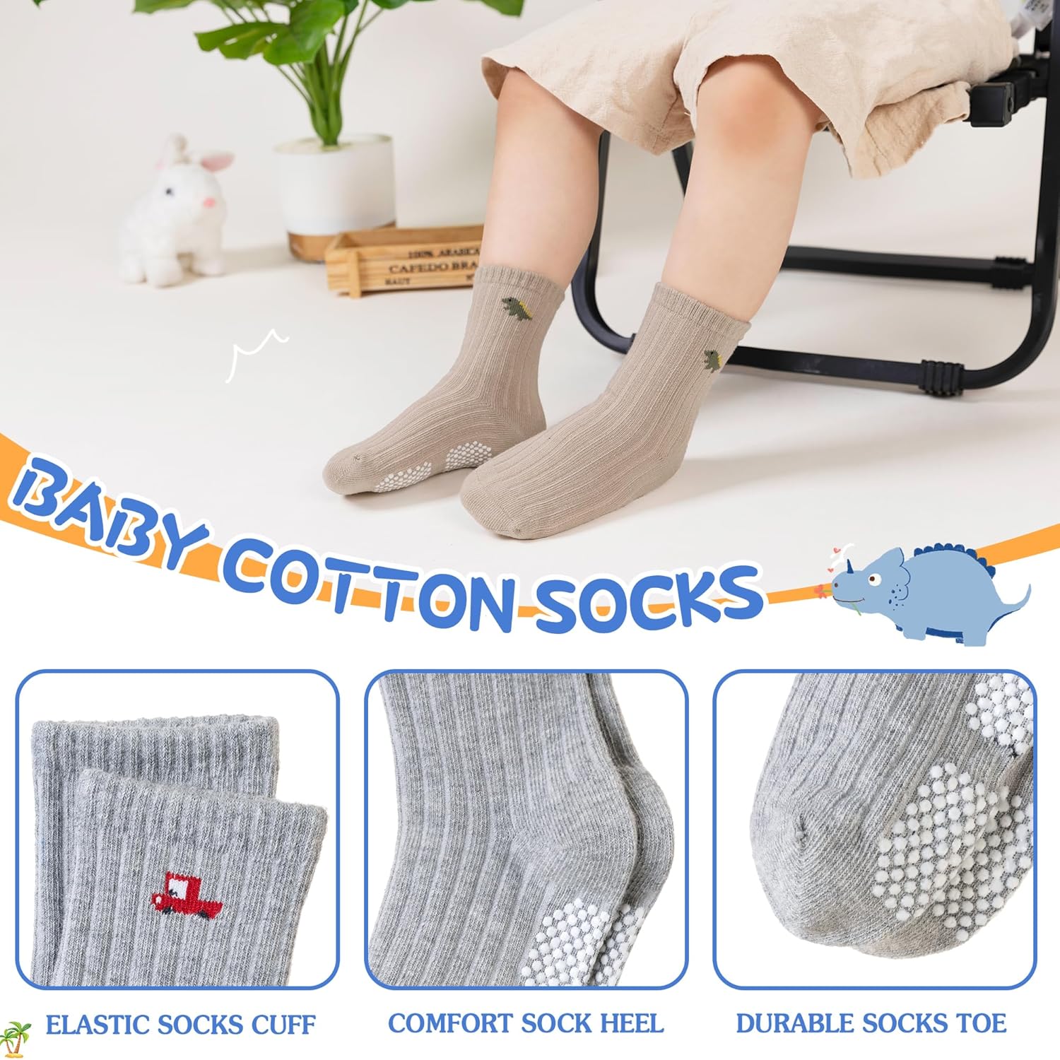 Detalle de SEEYAN Baby Non Slip Socks Toddler Car & Dinosaur Pack (9 Pairs) – Anti-Slip Grip Socks for Safe First Steps