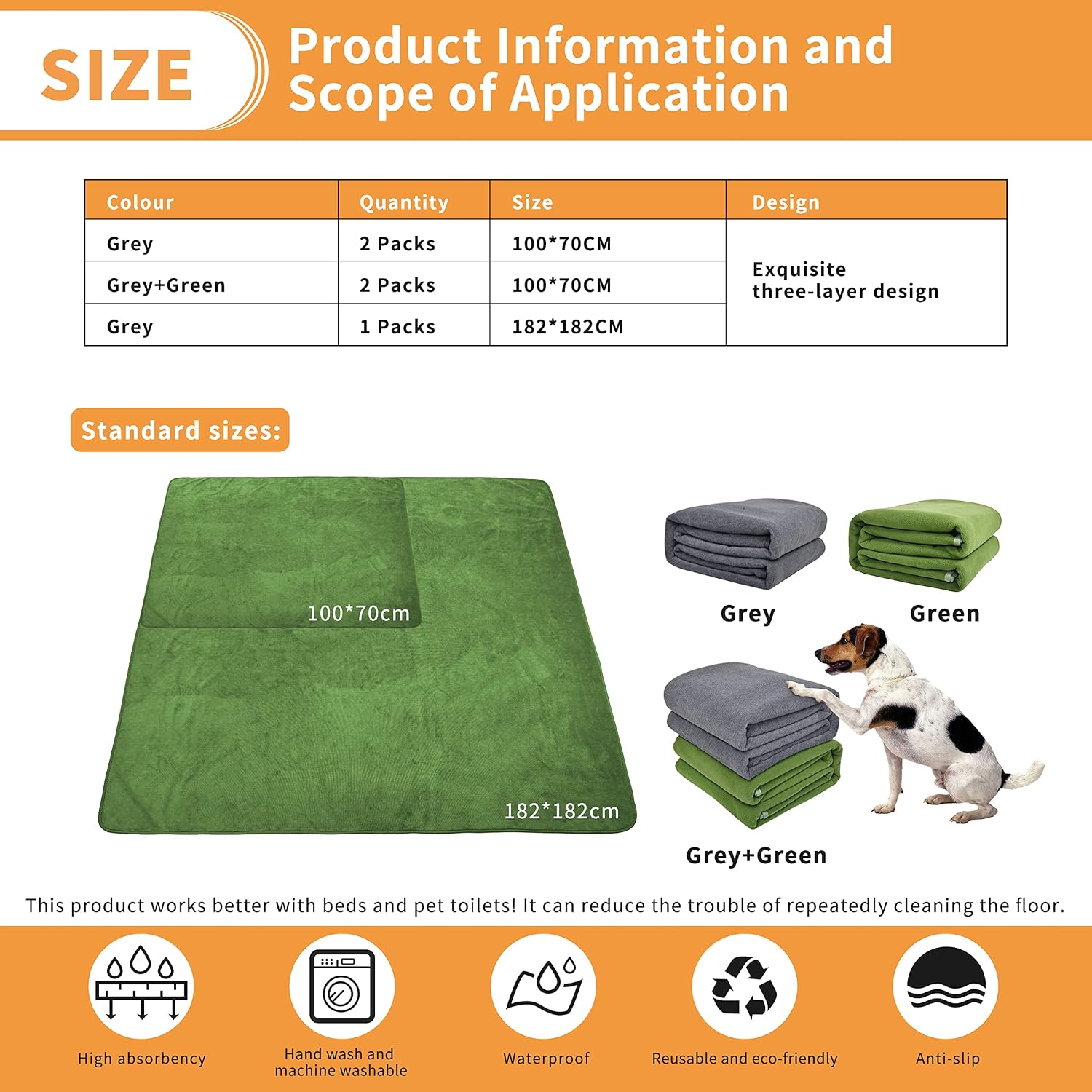 Thumbnail 6 de 2 Packs Washable Dog Puppy Pads 100x70cm Grey Green