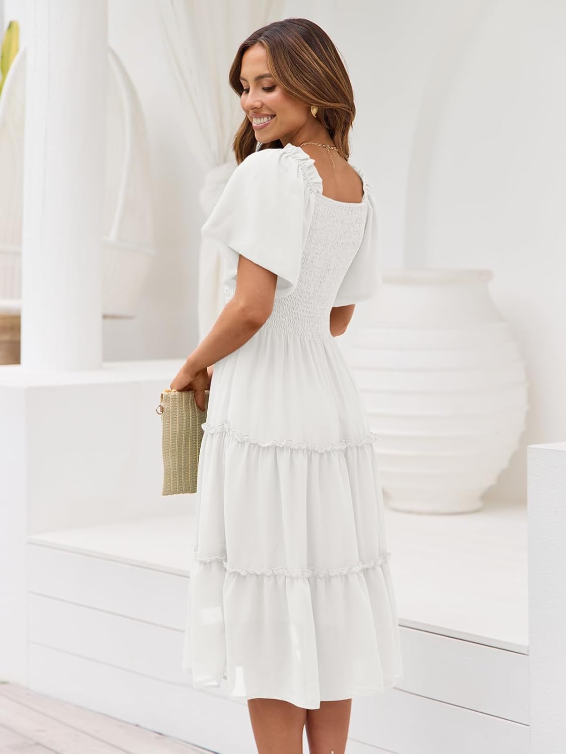 Thumbnail 3 de LILLUSORY Women’s Summer Smocked Midi Dress with Flutter Sleeves and Square Neck