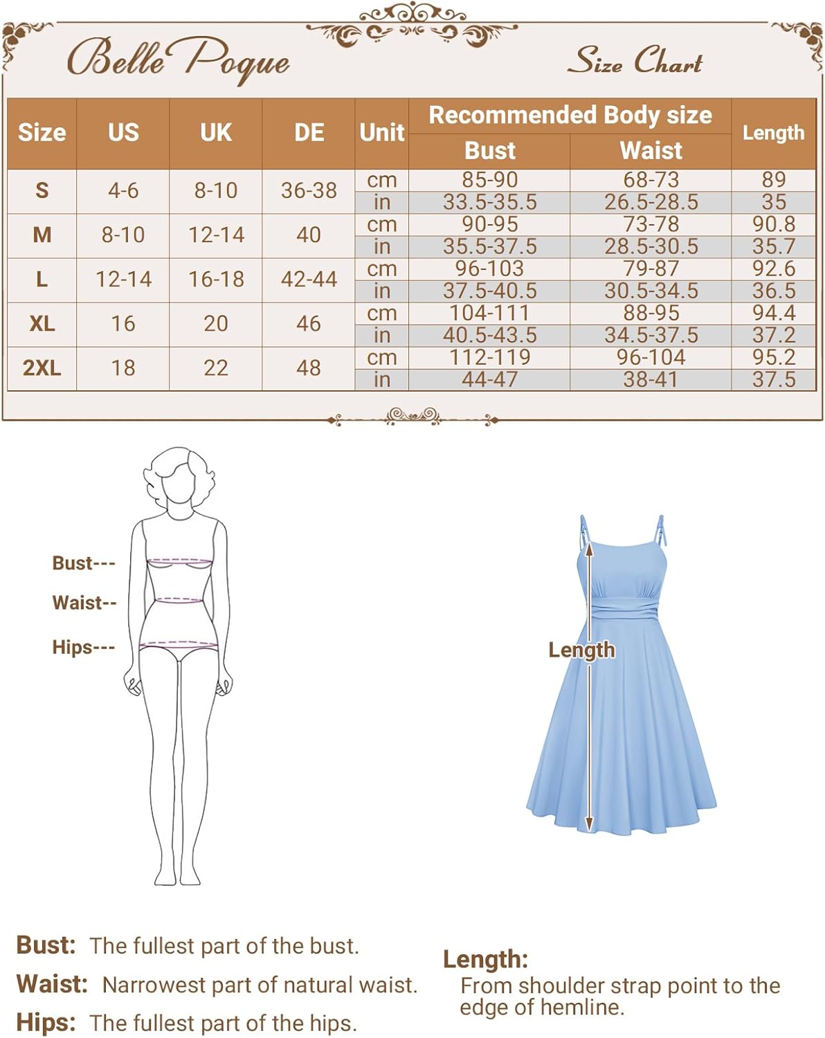 Detalle 2 de Robe d'été Belle Poque pour femme – Robe midi à bretelles spaghetti, ligne A, poches et doublure