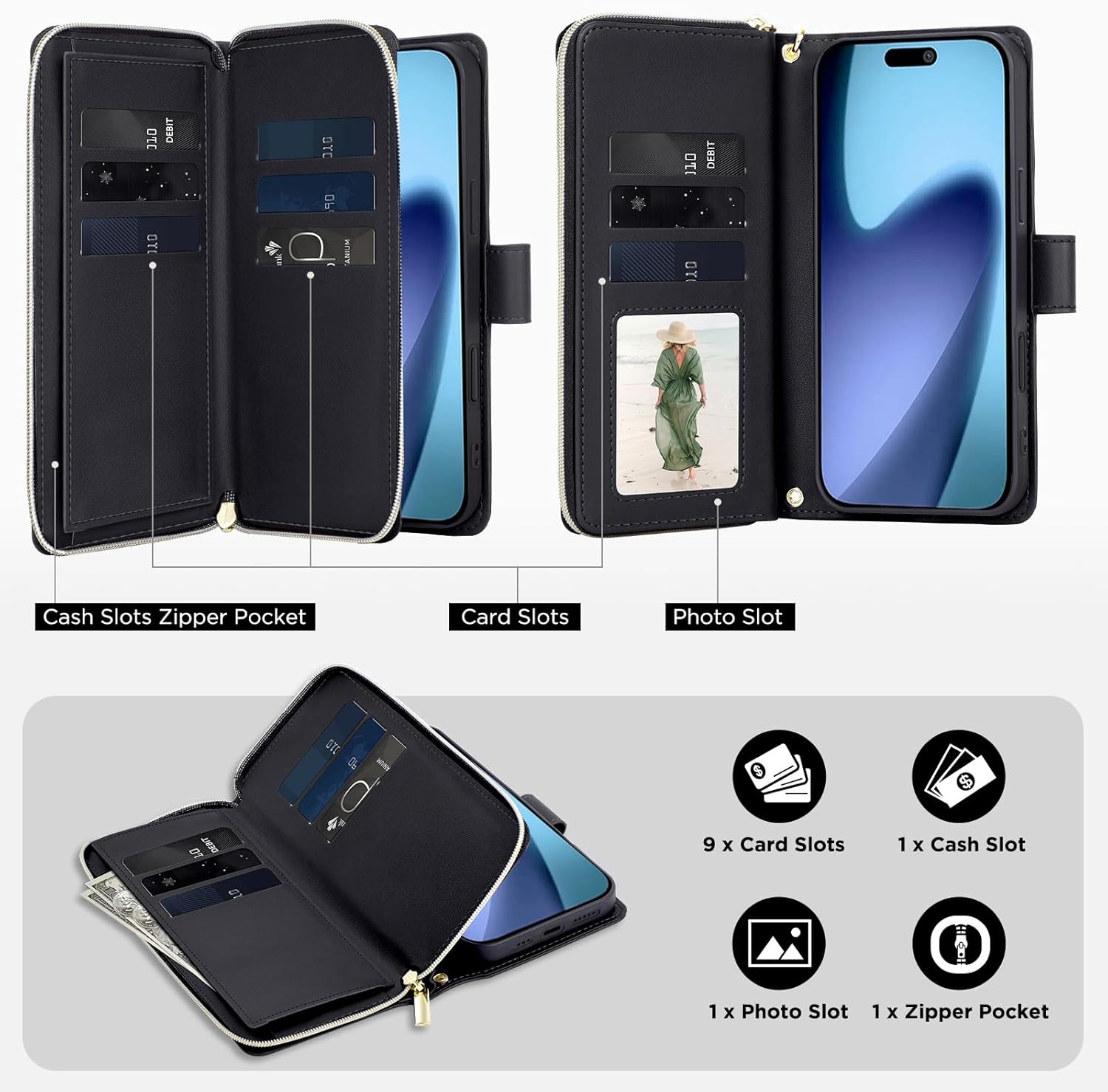 Thumbnail 1 de Asuwish iPhone 17 Pro Wallet Case with Tempered Glass Screen Protector and Crossbody Strap