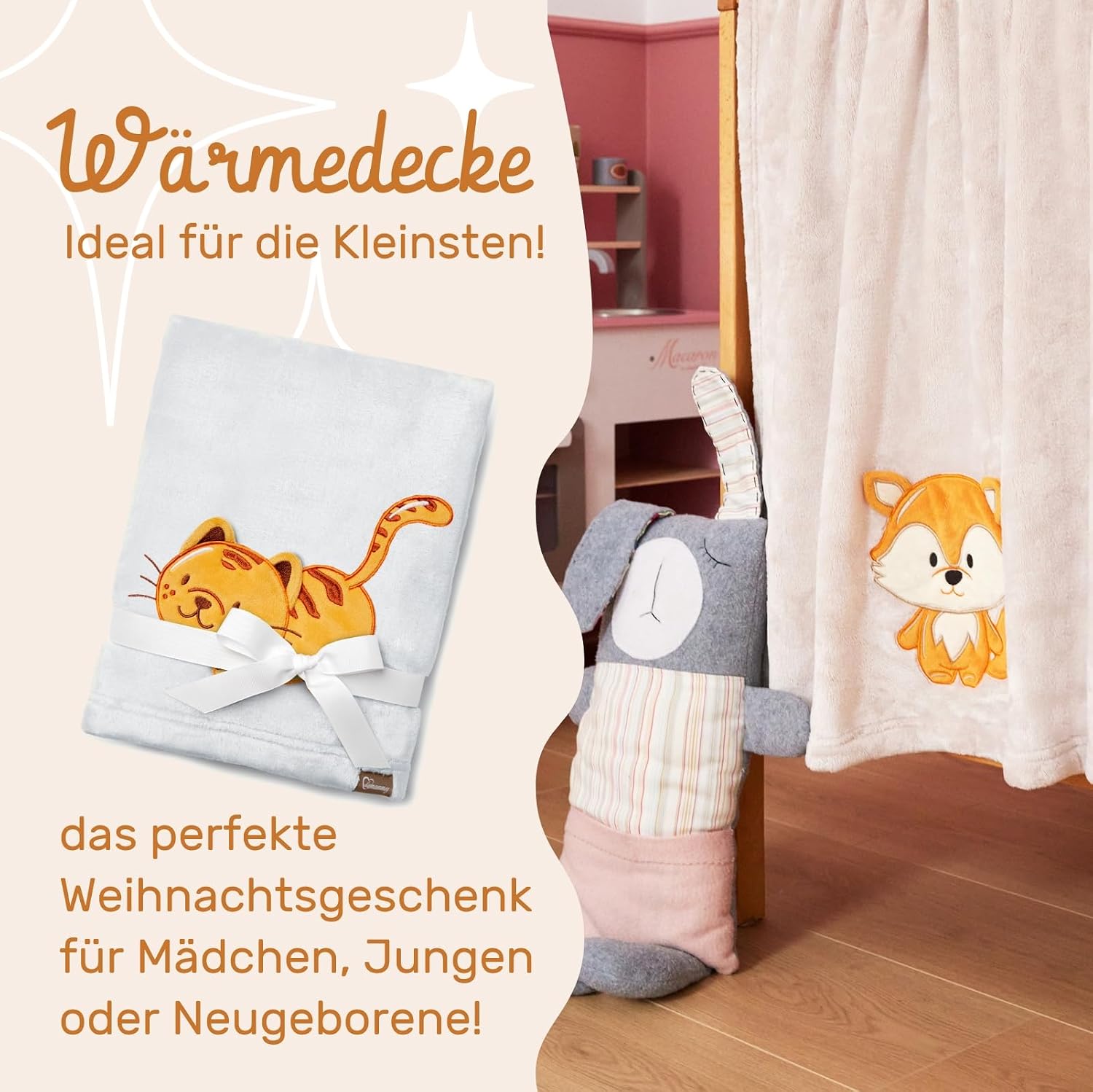 Detalle de Be Mammy Coperta calda per bambini con peluche regalo e motivi 3D (Grigio Chiaro - Gatto)