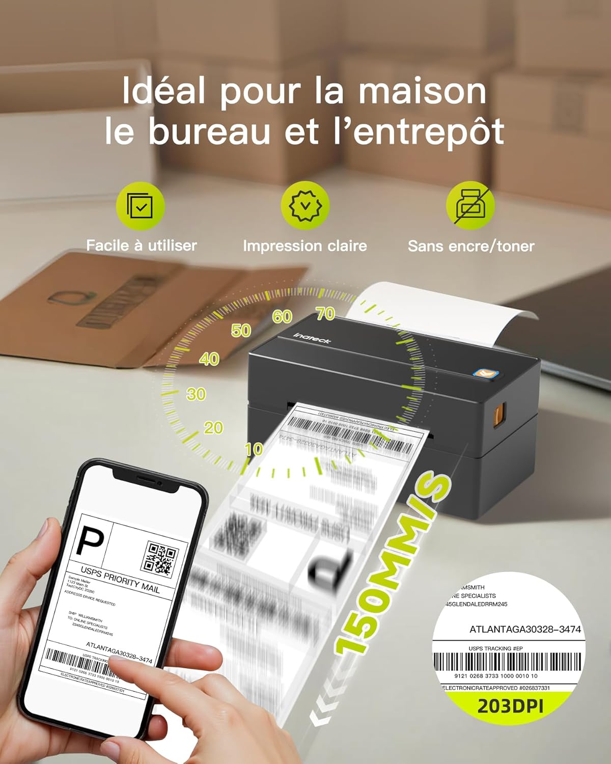 Thumbnail 5 de Inateck imprimante d’étiquettes thermiques mobiles sans fil 4 x 6 pour colis d’expédition (noir)