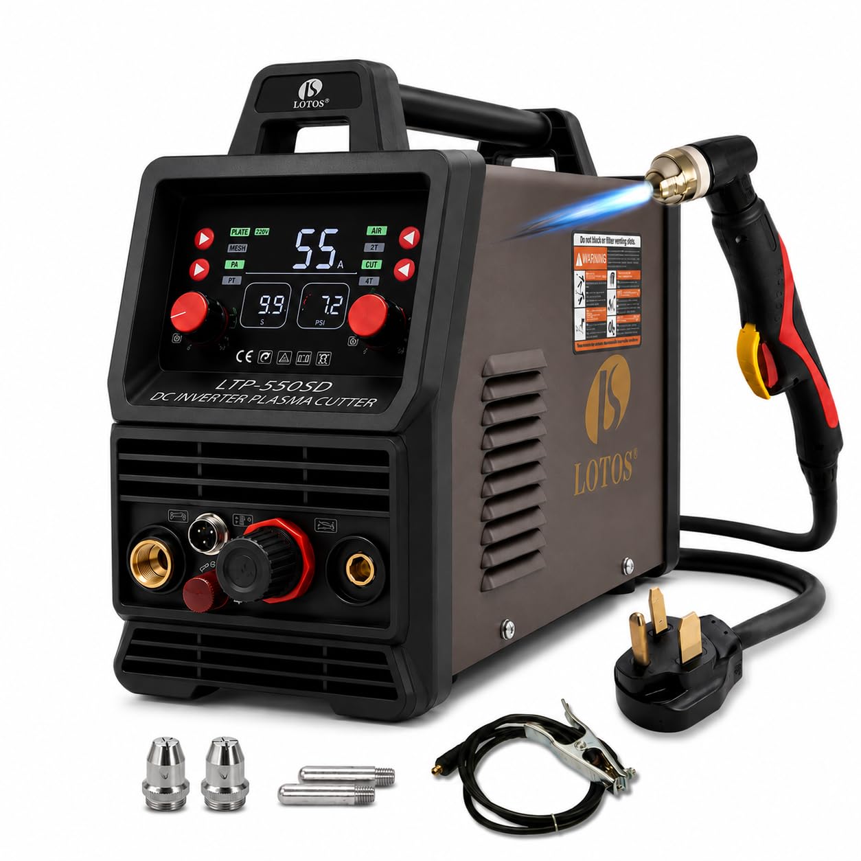 Detalle de LOTOS LTP5505D 55A Pilot Arc Plasma Cutter with Rust Removal Mode — 5/8-Inch Clean Cuts, Dual-Voltage Portable Inverter