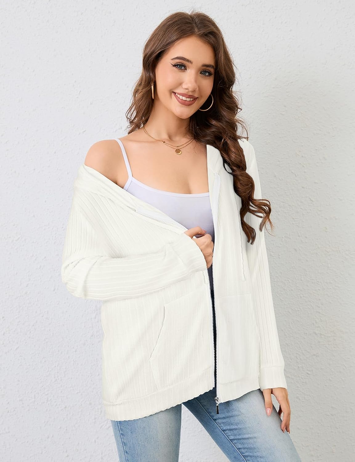 Detalle de Flikity Womens Cardigans Zip Up Hoodies with Large Pockets – Lightweight, Casual Knit Jacket