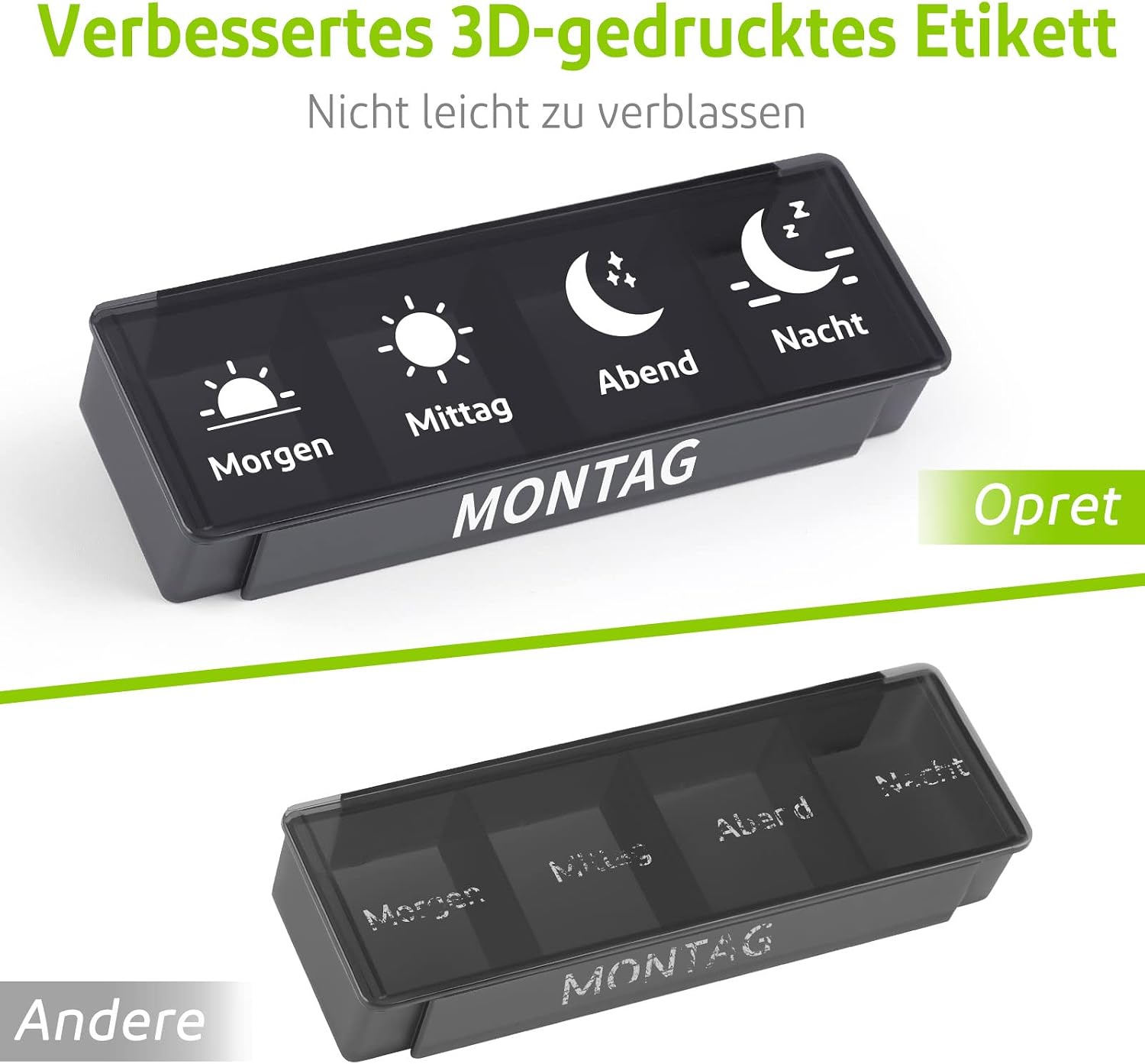 Detalle de Opret Tablettenbox 7 Tage Morgens Mittags Abends Nachts – Vier Fächer, schiebbares Design, BPA-frei