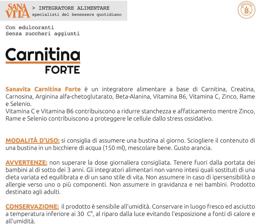 Thumbnail 2 de Sanavita Carnitina Forte: Formula completa per sostenere l’attività fisica e la vitalità quotidiana