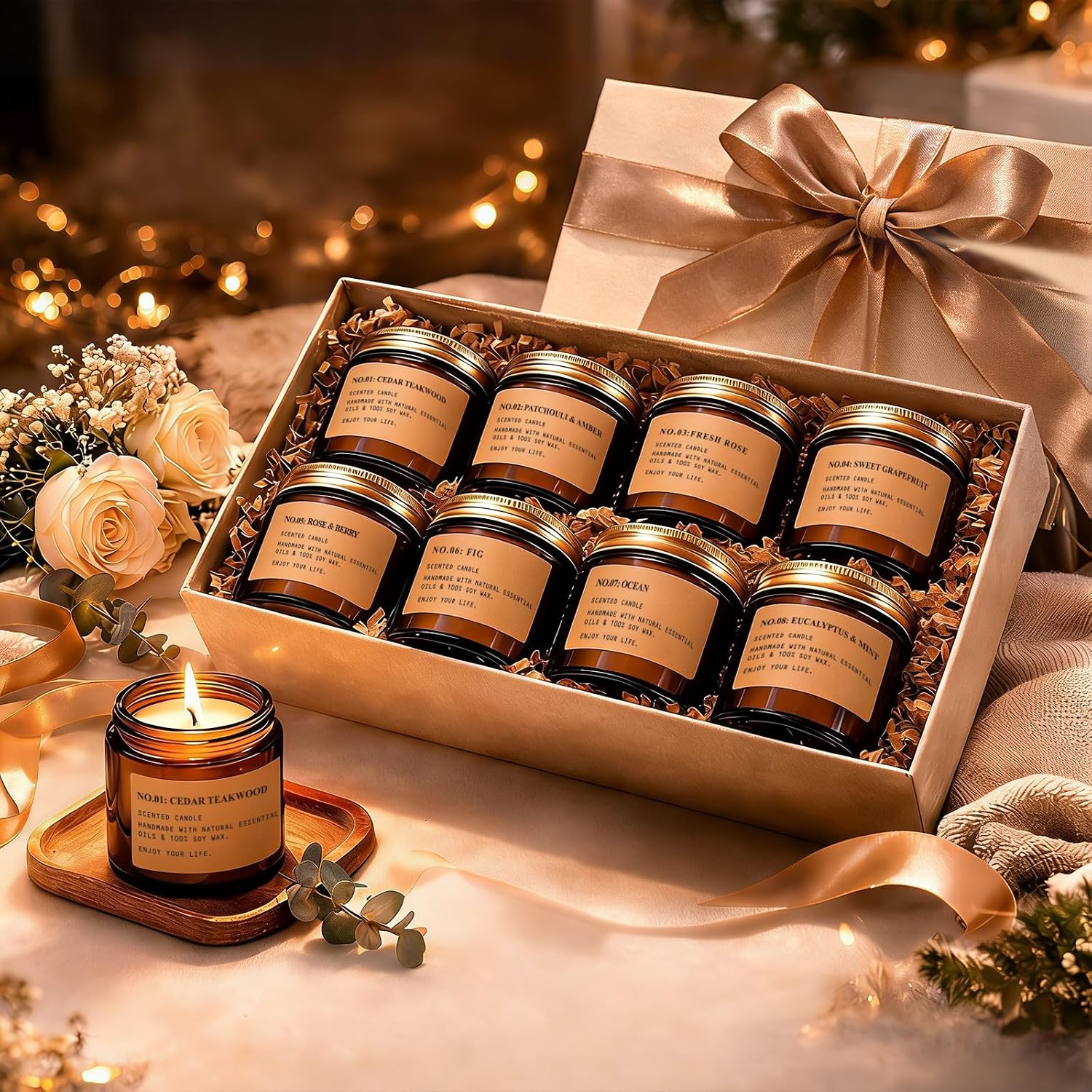 Thumbnail 6 de Scented Candles for Home: 8-Pack Soy Wax Gift Set in Vintage Amber Jars