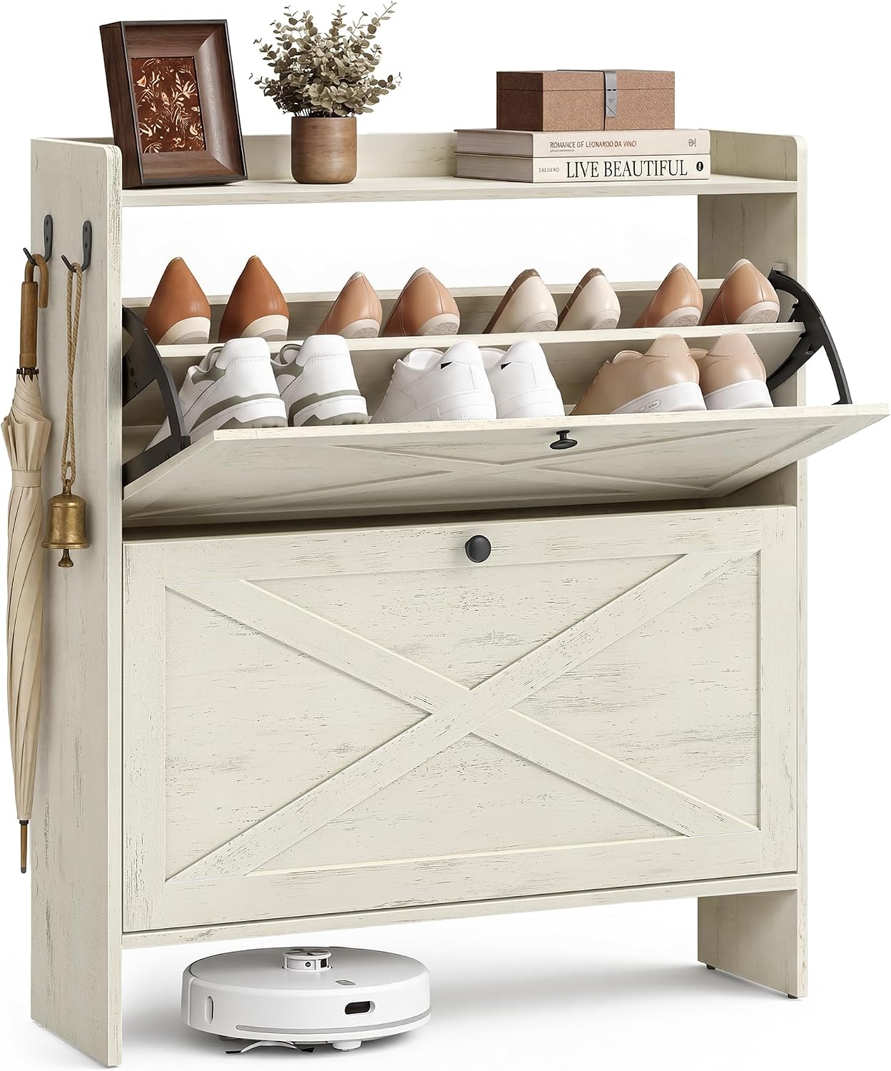 Detalle de VASAGLE UHSC203WJ01S Farmhouse Shoe Cabinet, 2 Flip Drawers, White
