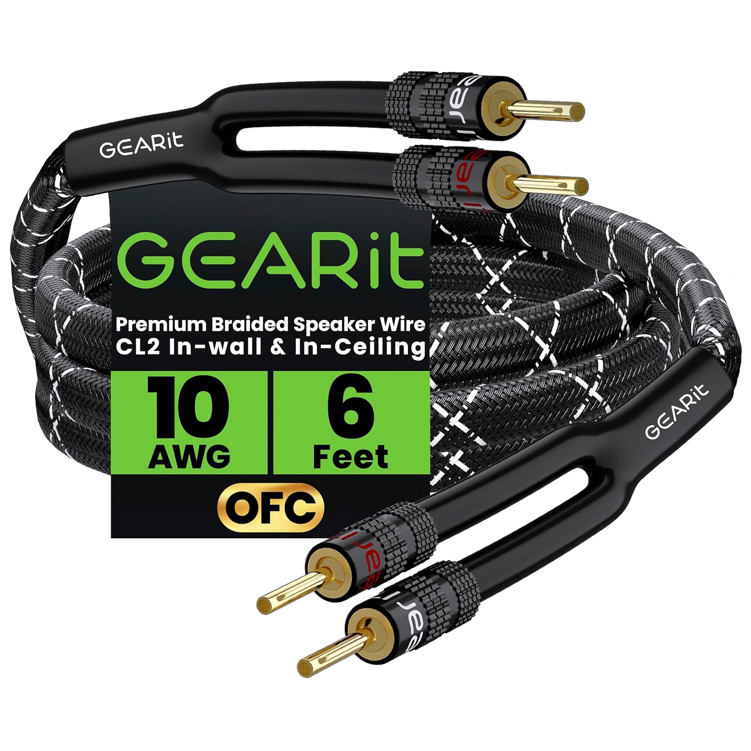 GEARit 10 Gauge OFC Speaker Wire with Banana Plugs (6 ft) for Hi-Fi Systems