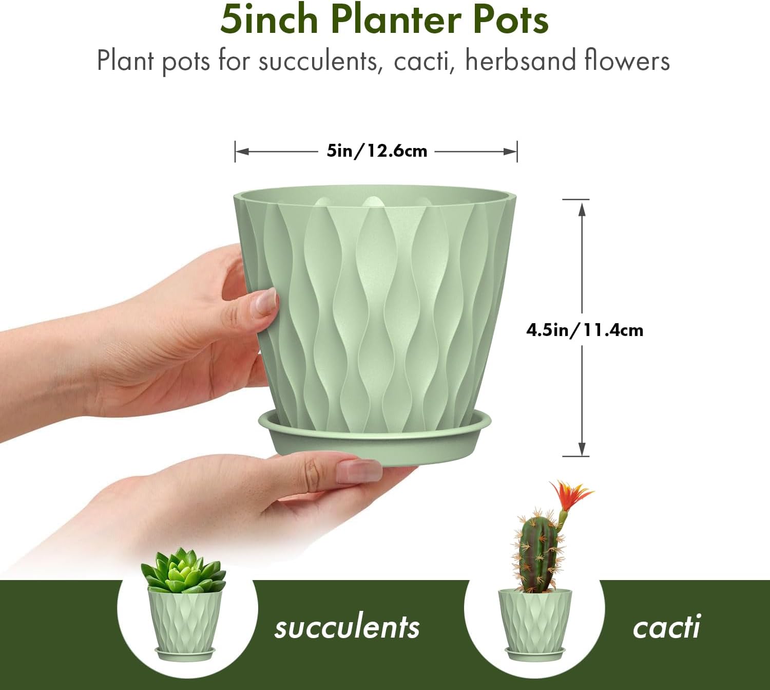 Thumbnail 3 de 12.5cm Plant Pots (6 Pack) – Light Green Plastic with Drainage Holes and Saucers