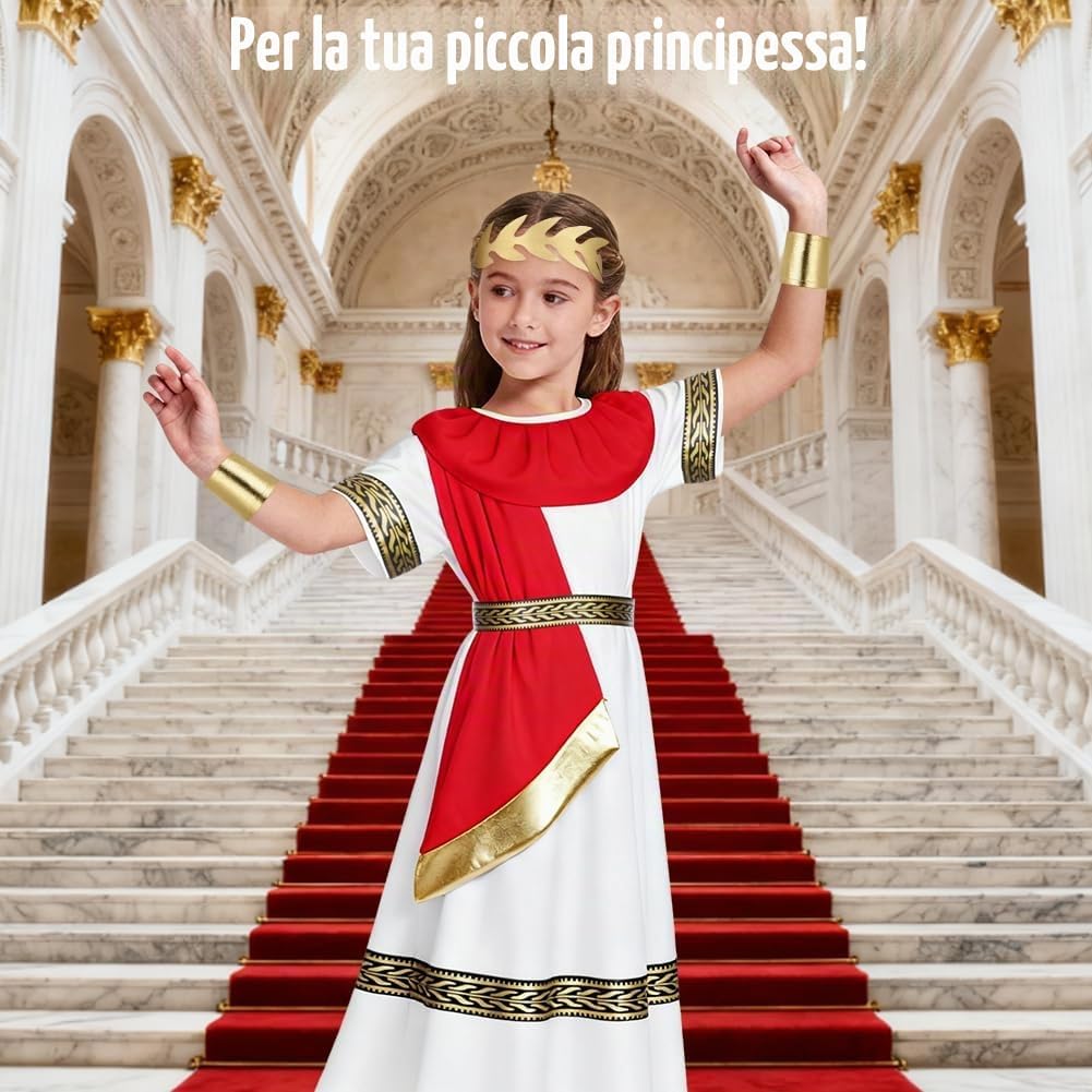Detalle 2 de Costume da antica Grecia Romana BSBUY per ragazzi e ragazze, bianco e rosso (toga/abito lungo con cintura)