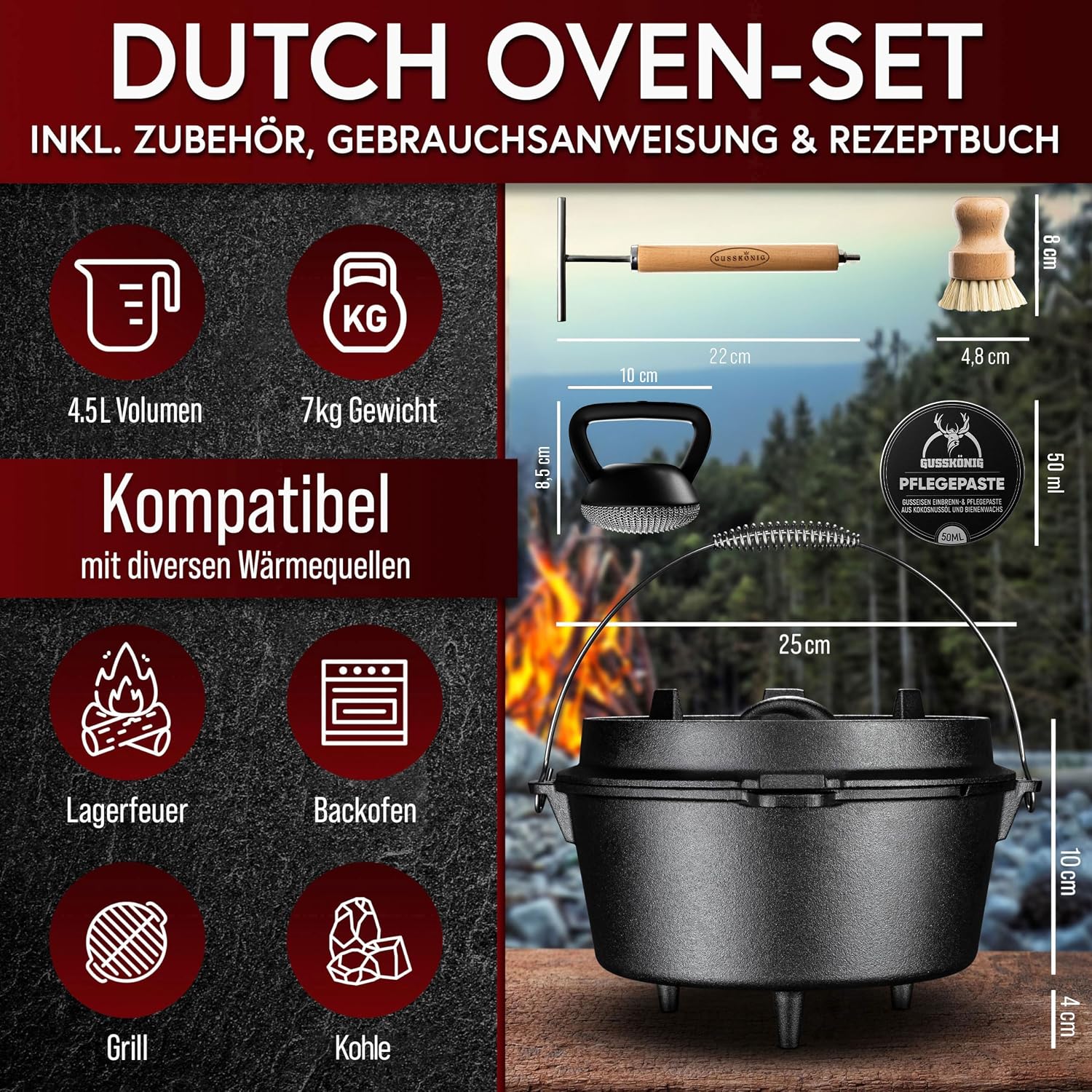 Detalle 2 de GUSSKÖNIG Dutch Oven Set 4,5L Eingebrannter Schmortopf