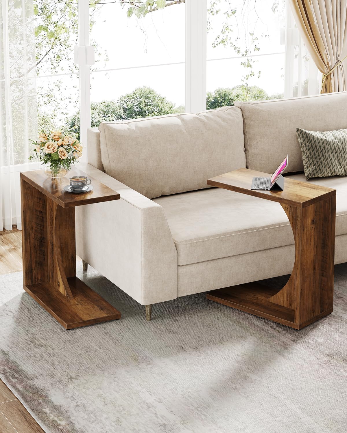 Detalle de Tribesigns RY0138RY0202 C-Shaped End Table, Rustic Brown Engineered Wood