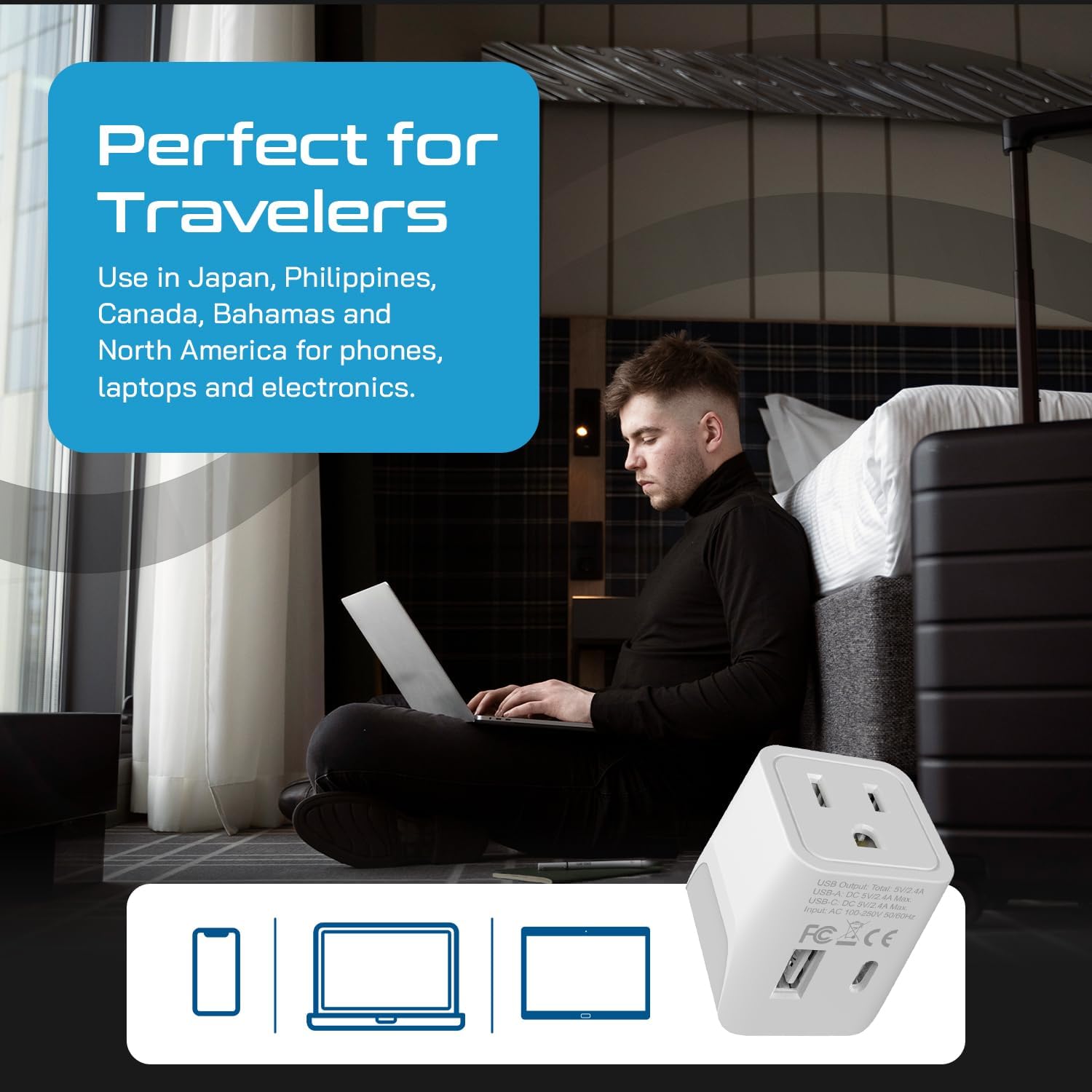 Detalle de Ceptics CTU-6: Japan/Philippines Travel Adapter with USB-A + USB-C (Ultra Compact)