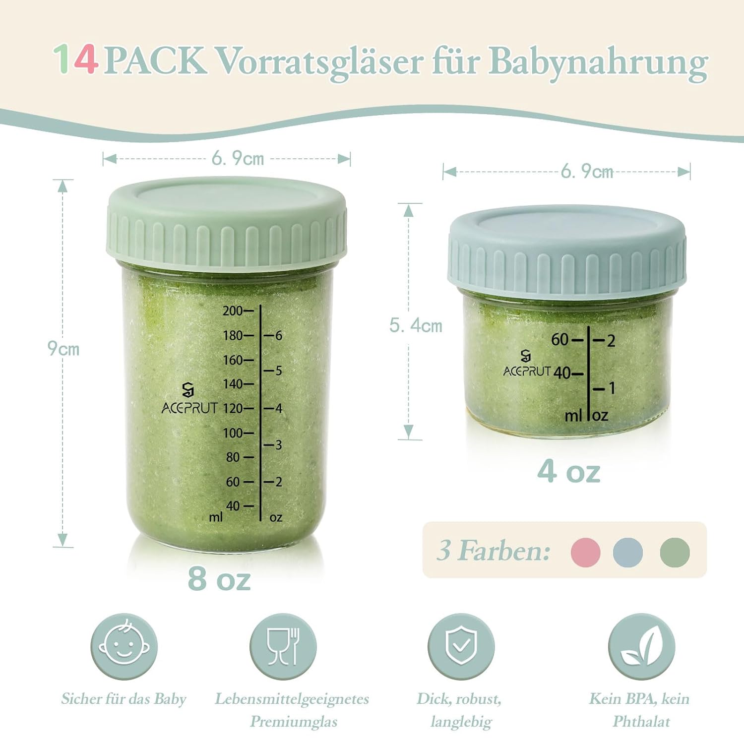 Detalle de ACEPRUT 14 Stück Glas Babybrei Einfrieren Behälter 60ml/200ml