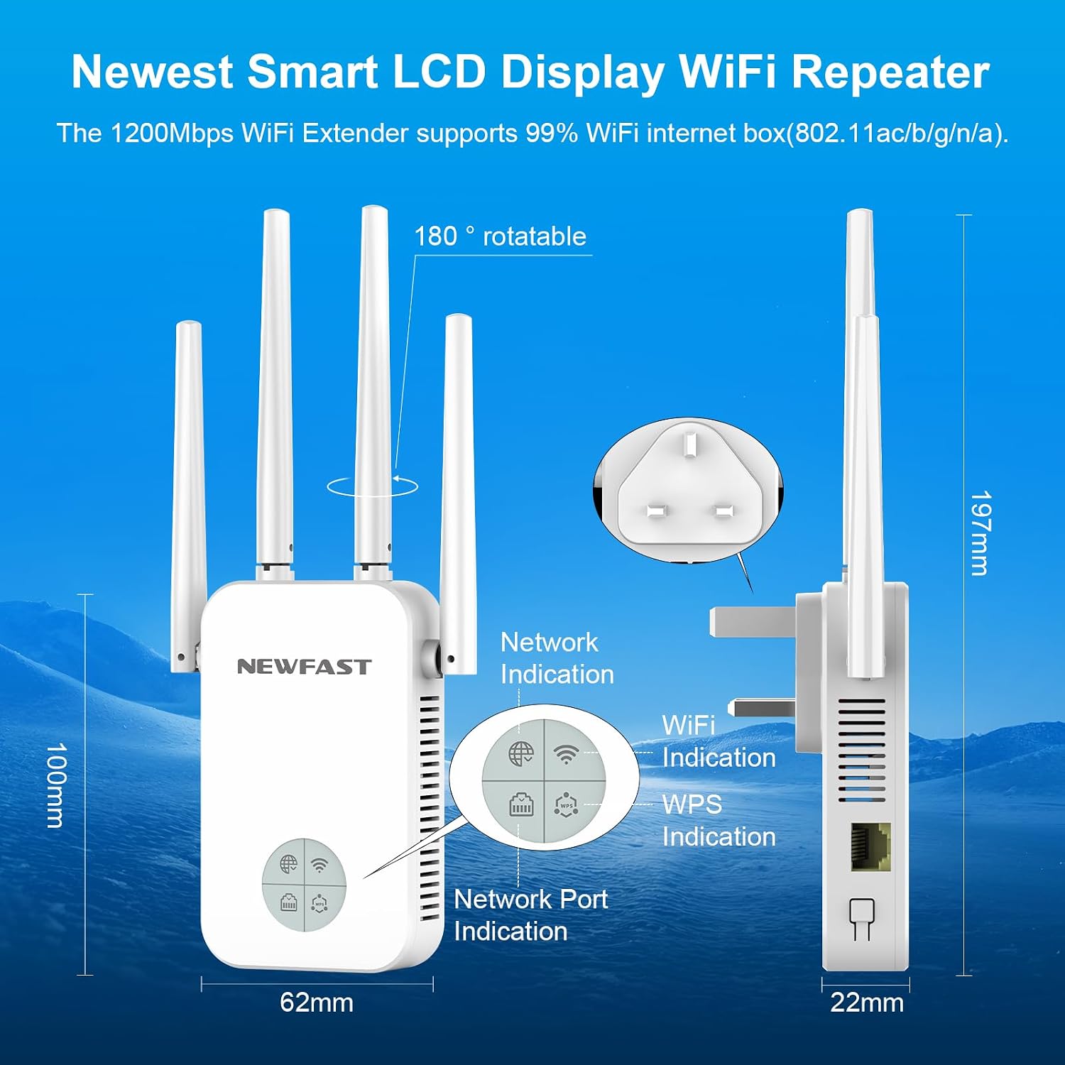 Thumbnail 2 de NEWFAST WiFi Range Extender, 1200 Mbps Dual-Band with Four Antennas
