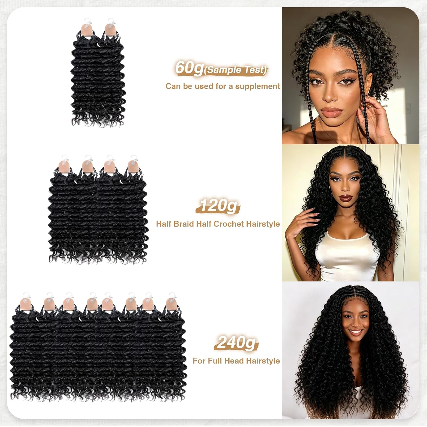 Detalle de Human Crochet Hair for Black Women: 14 Inch Feather Deep Wave Crochet Extensions, 60g, 50 Strands
