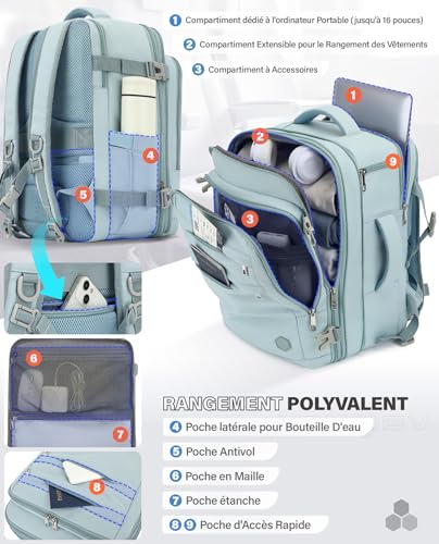 Detalle de VANKEV Sac à Dos Voyage Cabine Extensible – 24 à 30 L, TSA & 3 compartiments
