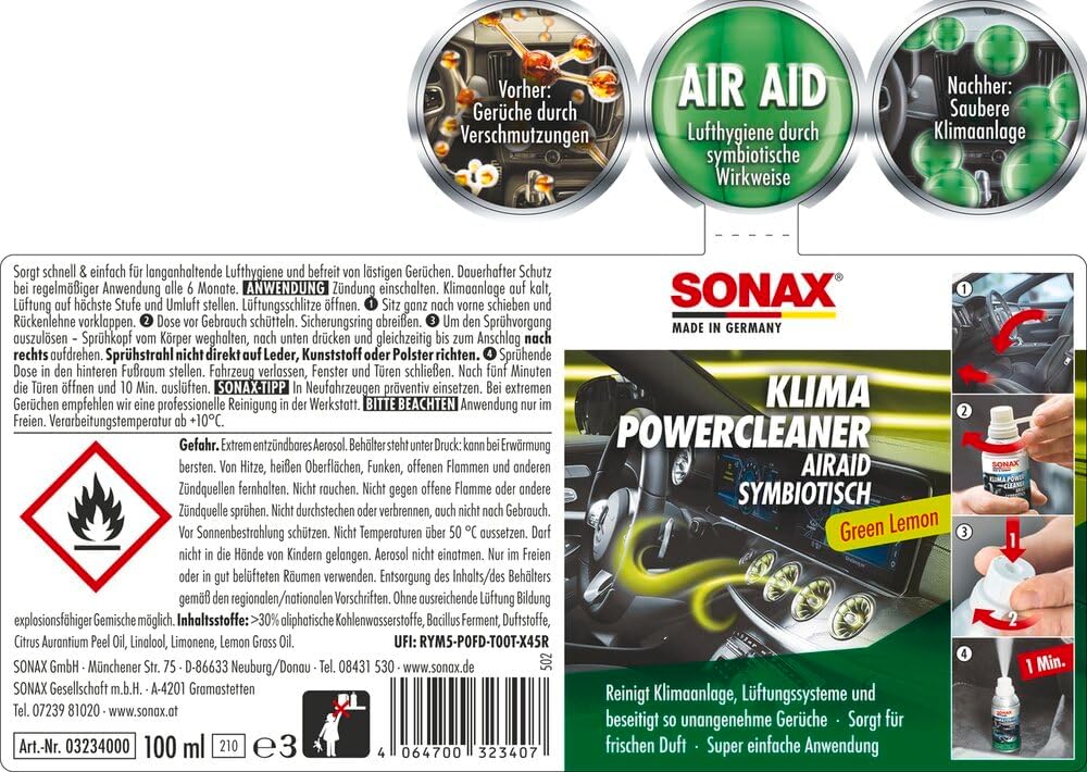 Detalle de SONAX KlimaPowerCleaner AirAid Klimaanlagenreiniger Green Lemon (100 ml) – langanhaltende Luft hygiene im Auto