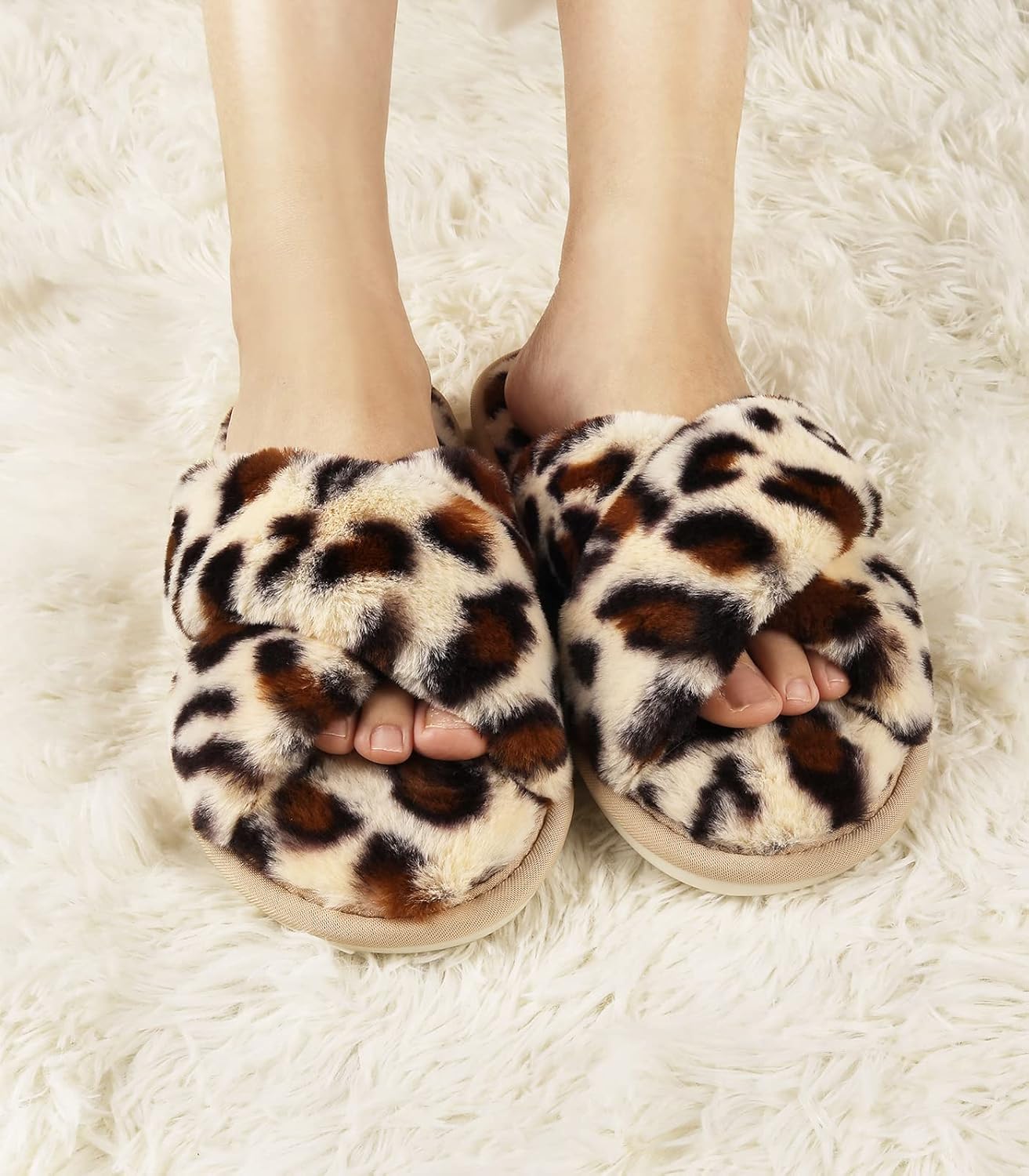 Detalle de Ankis Memory Foam Fluffy Slppers for Women – Open Toe Cross Band Slippers with Faux Fur