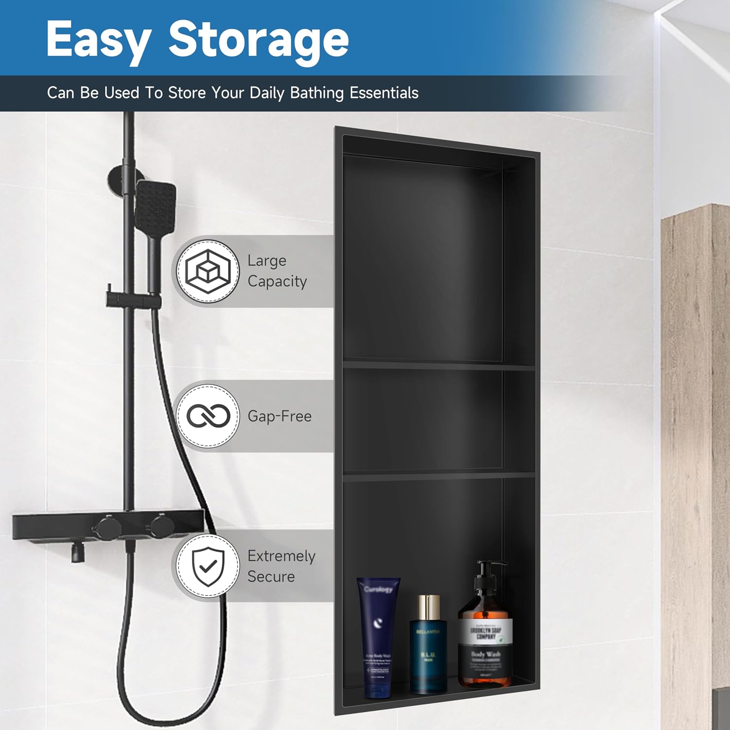 Detalle de Green & Spring G-1128-B 12" x 30" Stainless Steel Shower Niche, 3-Tier, Matte Black