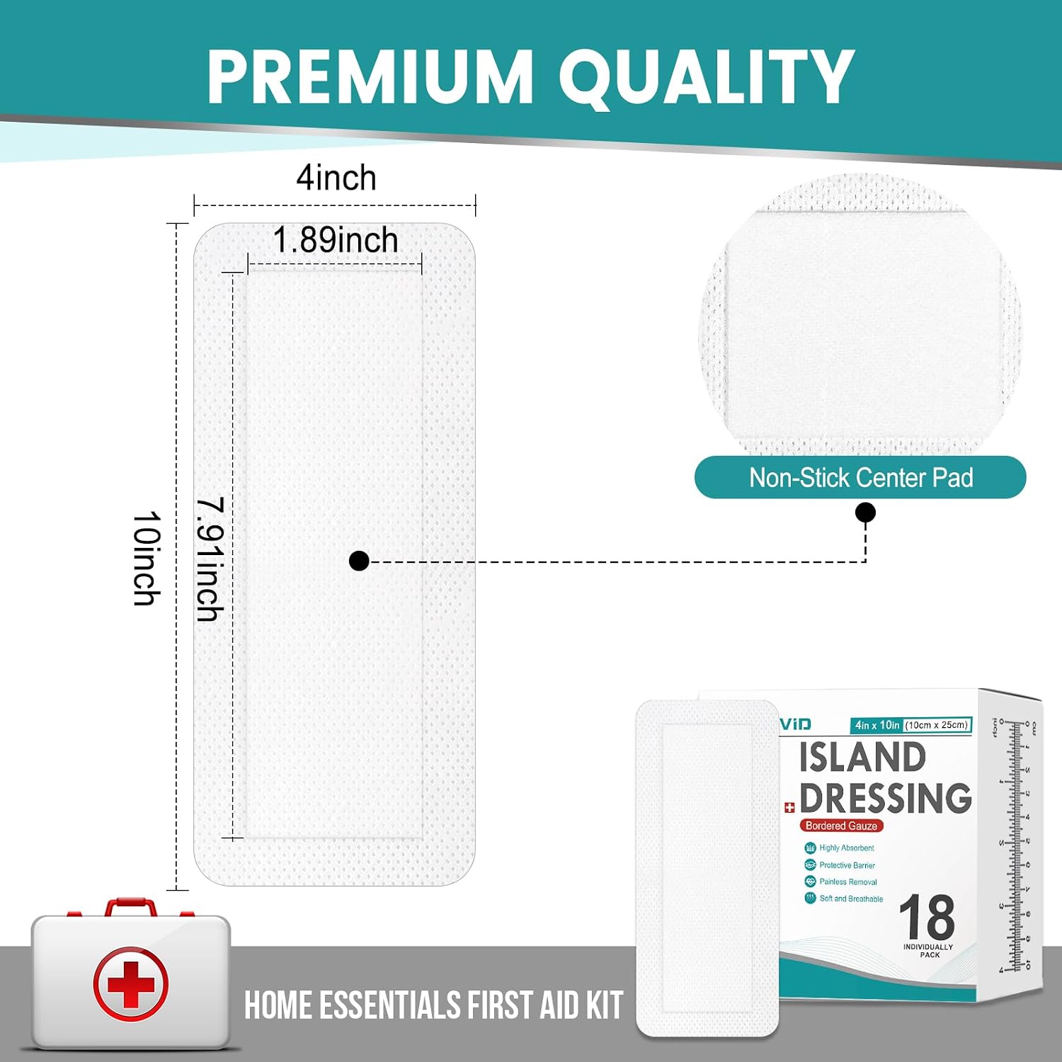 Detalle 2 de YHOVID 18-Count Island Dressing, 4" x 10" Bordered Gauze Pads