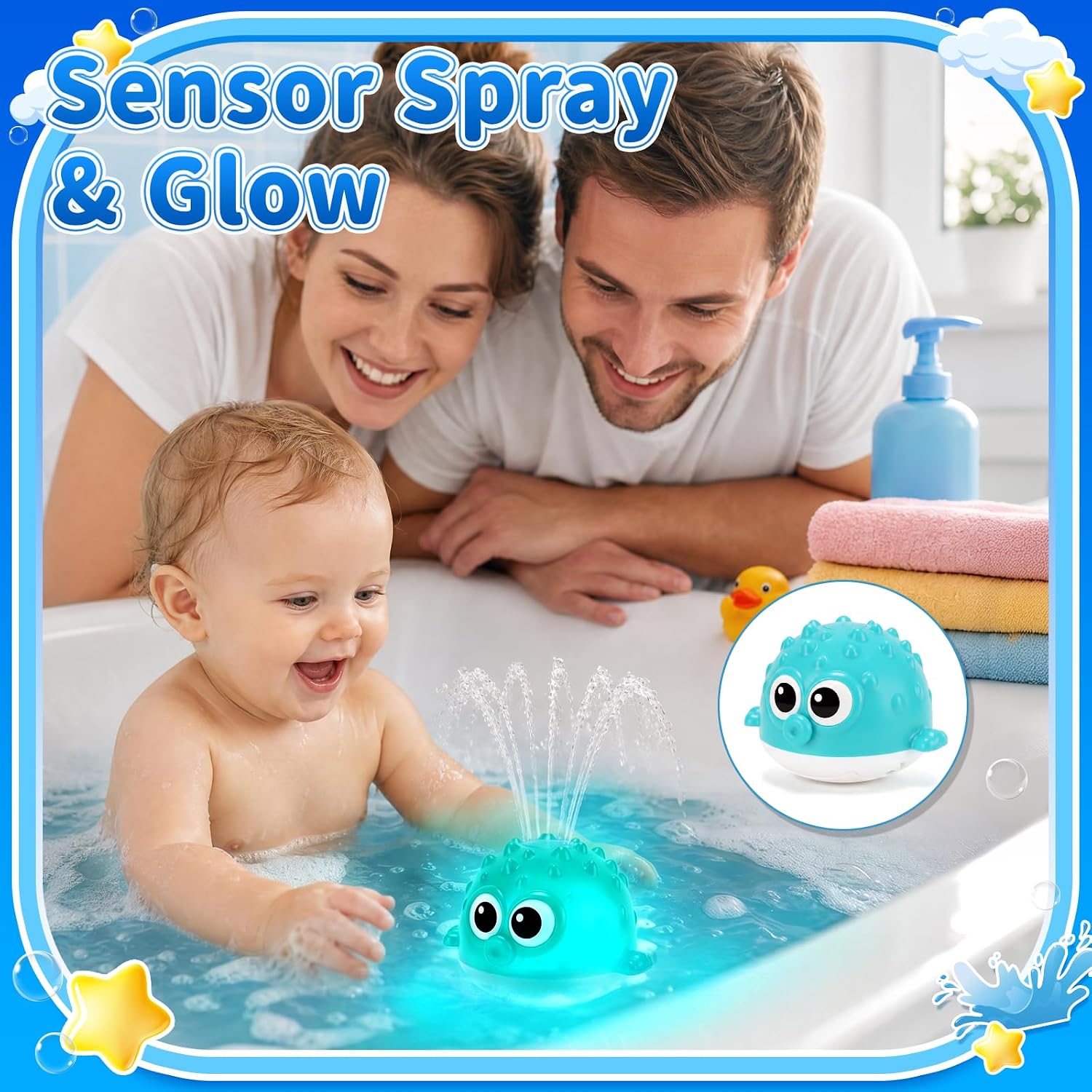 Thumbnail 4 de QASUN Colourful Light-Up Bath Toy: Pufferfish Sprays, Glows and Plays