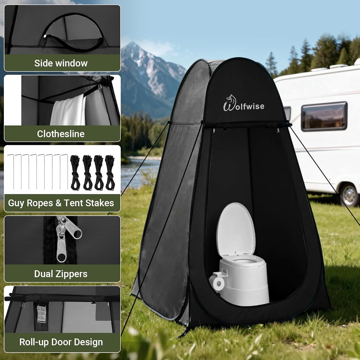 Detalle de Wolfwise Pop Up Shower Tent for Camping (Instant Privacy Changing & Toilet Enclosure) – Portable Instant Setup, Ventilation Window