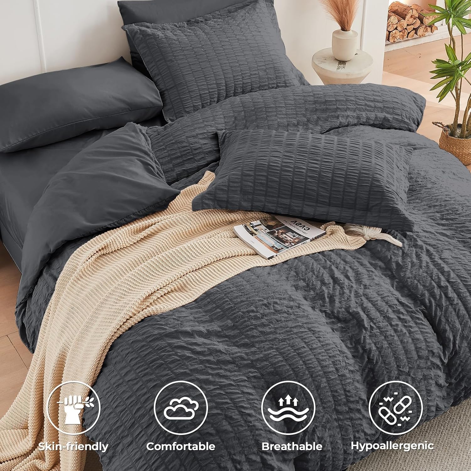 Thumbnail 2 de HYMOKEGE Queen Seersucker Comforter Set 7pc
