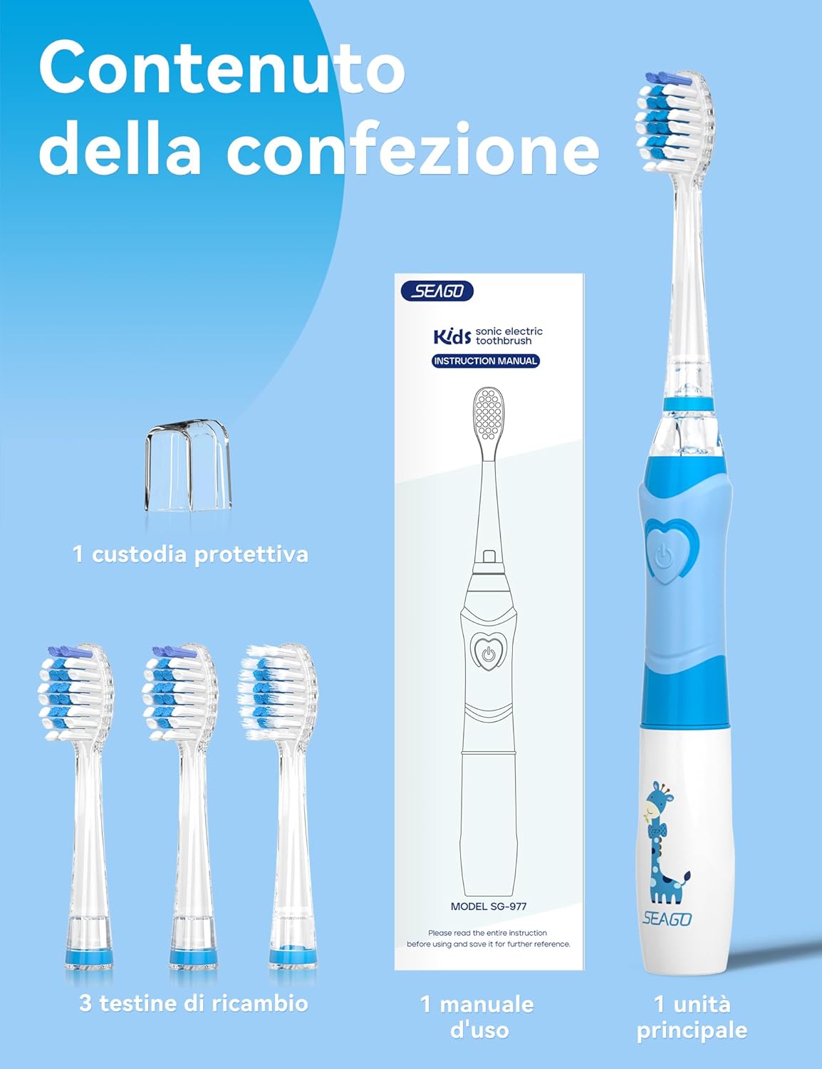 Thumbnail 6 de Seago Spazzolino Elettrico Bambini 3-12 anni SG-977 (azzurro) con 4 testine, LED e timer
