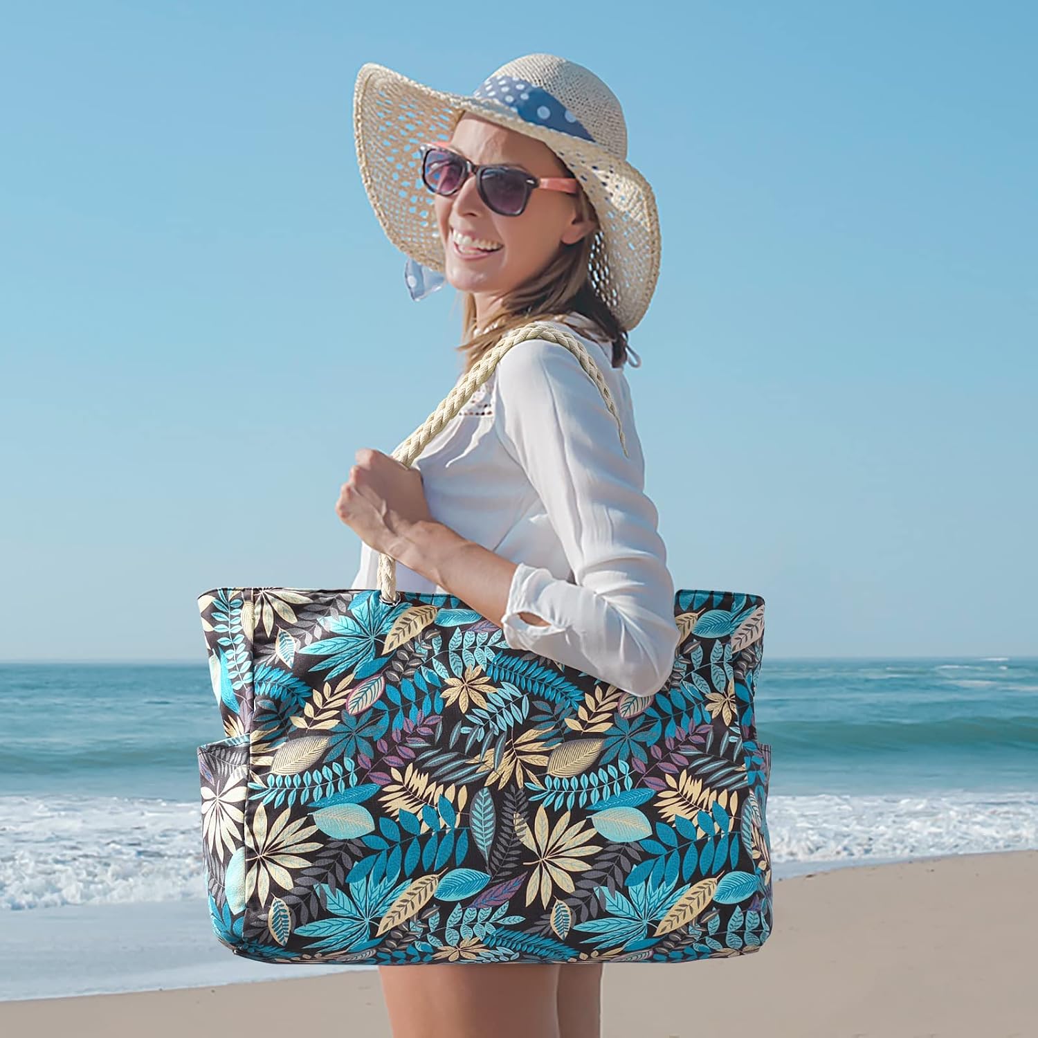 Detalle de Oscaurt Strandtasche XXL (Badetasche/Familie) wasserdicht mit Reißverschluss – faltbare Tote Bag