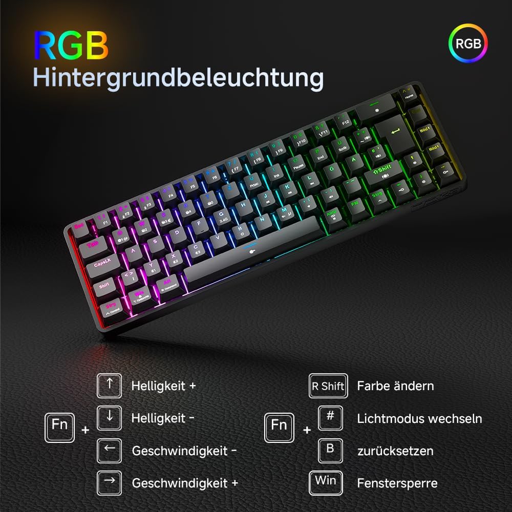 Detalle 1 de TMKB T68 Gaming-Tastatur (68 Tasten) – kabellos via Bluetooth/2.4G, mechanische Blue Clicky Switch, QWERTZ