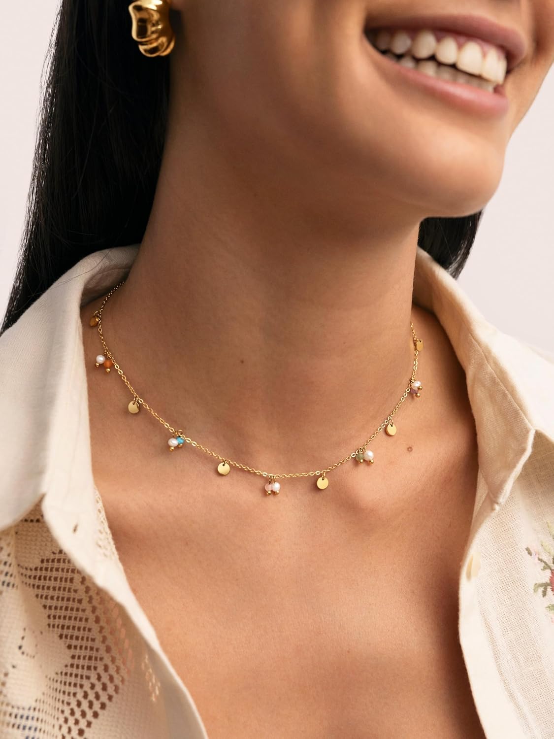 Thumbnail 1 de SINGULARU Collar Shamira: acero bañado en oro 18K con perlas cultivadas y piedras naturales