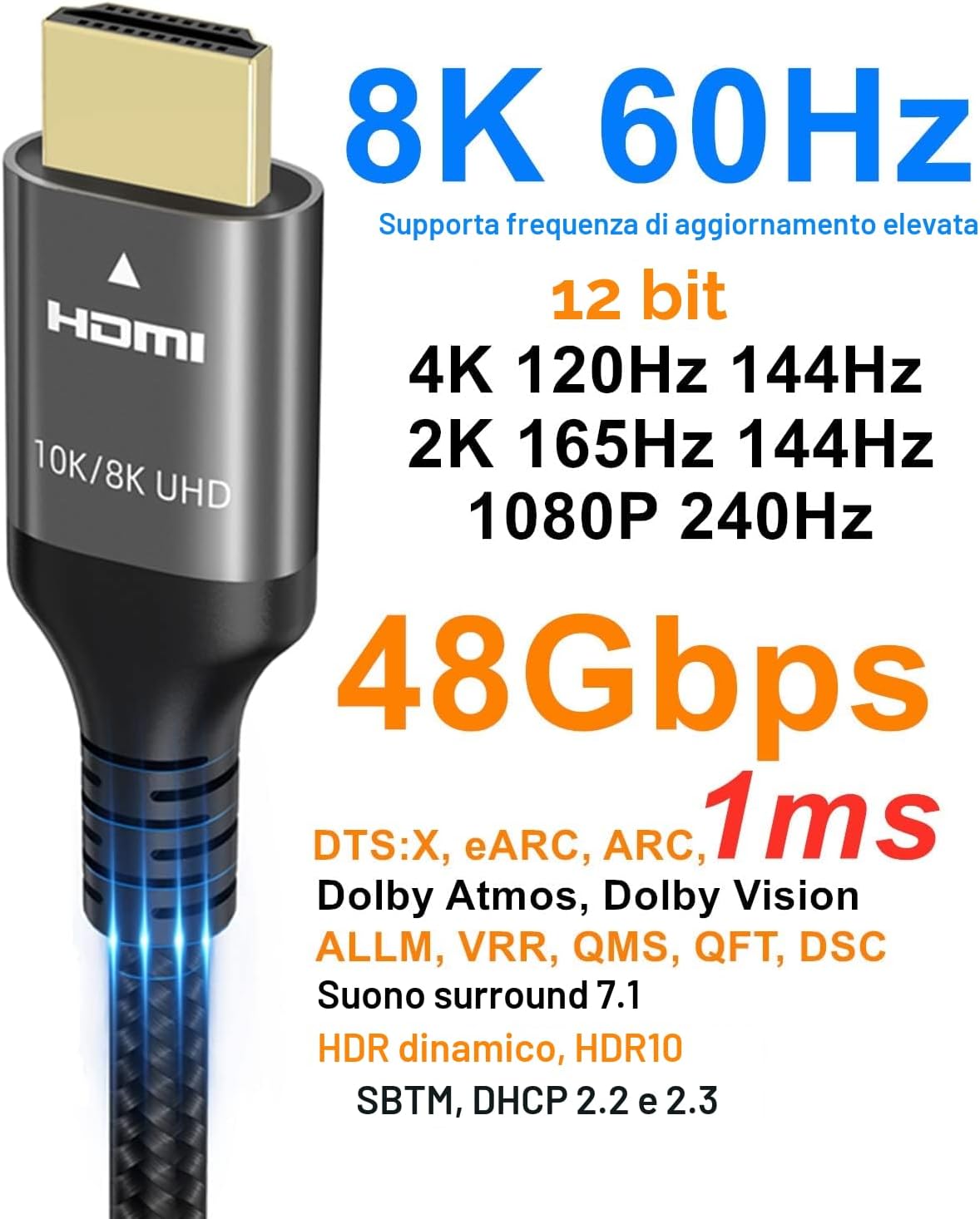 Thumbnail 2 de Cavo HDMI Ubluker 10K/8K/4K 3m – 48 Gbps, certificato HDMI, HDR, eARC/ARC, 0,01 ms